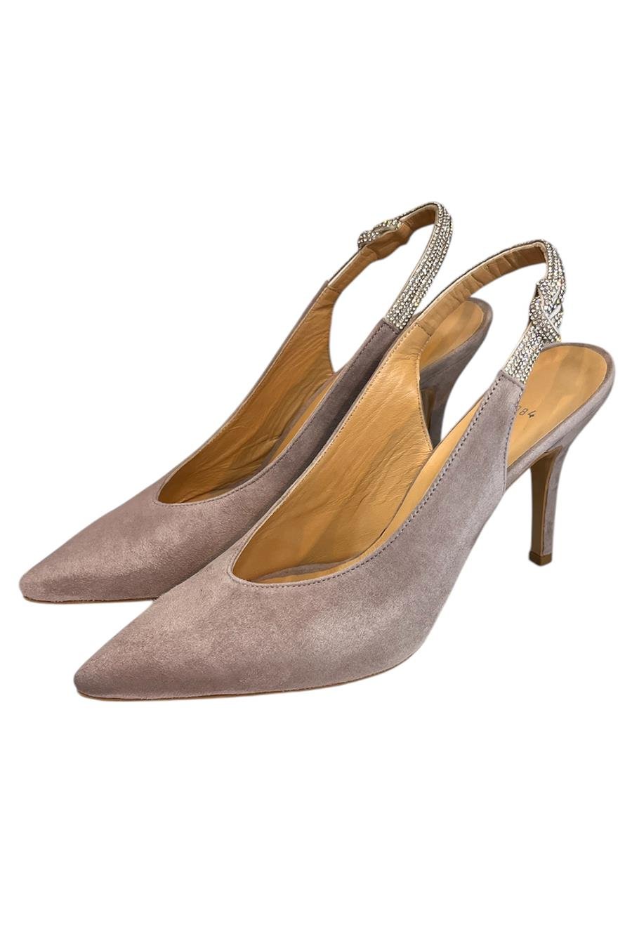 Ten Hakiki Deri Süet Kristal Taş Bantlı Arkası Açık Topuklu Ayakkabı