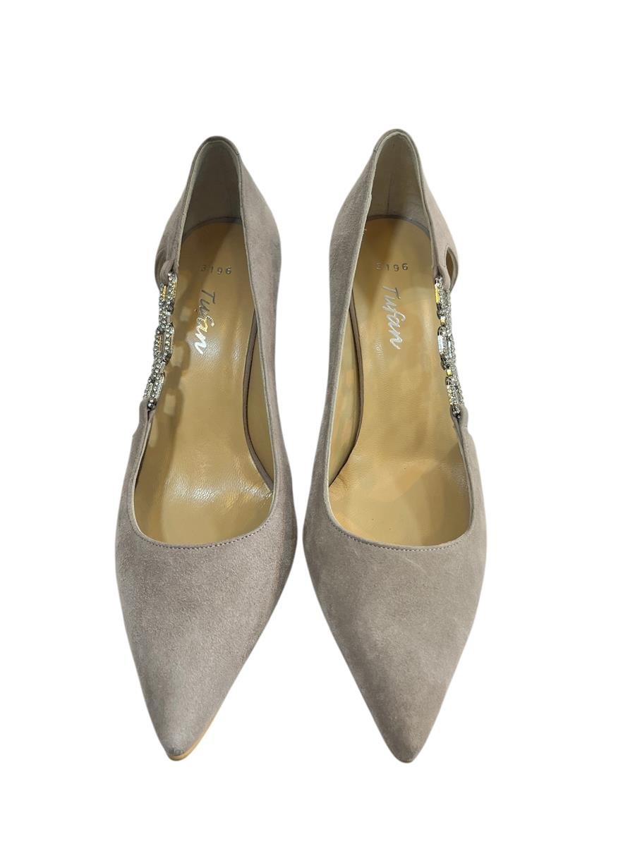 Ten Hakiki Süet Deri Taşlı Zincir Detay Topuklu Ayakkabı