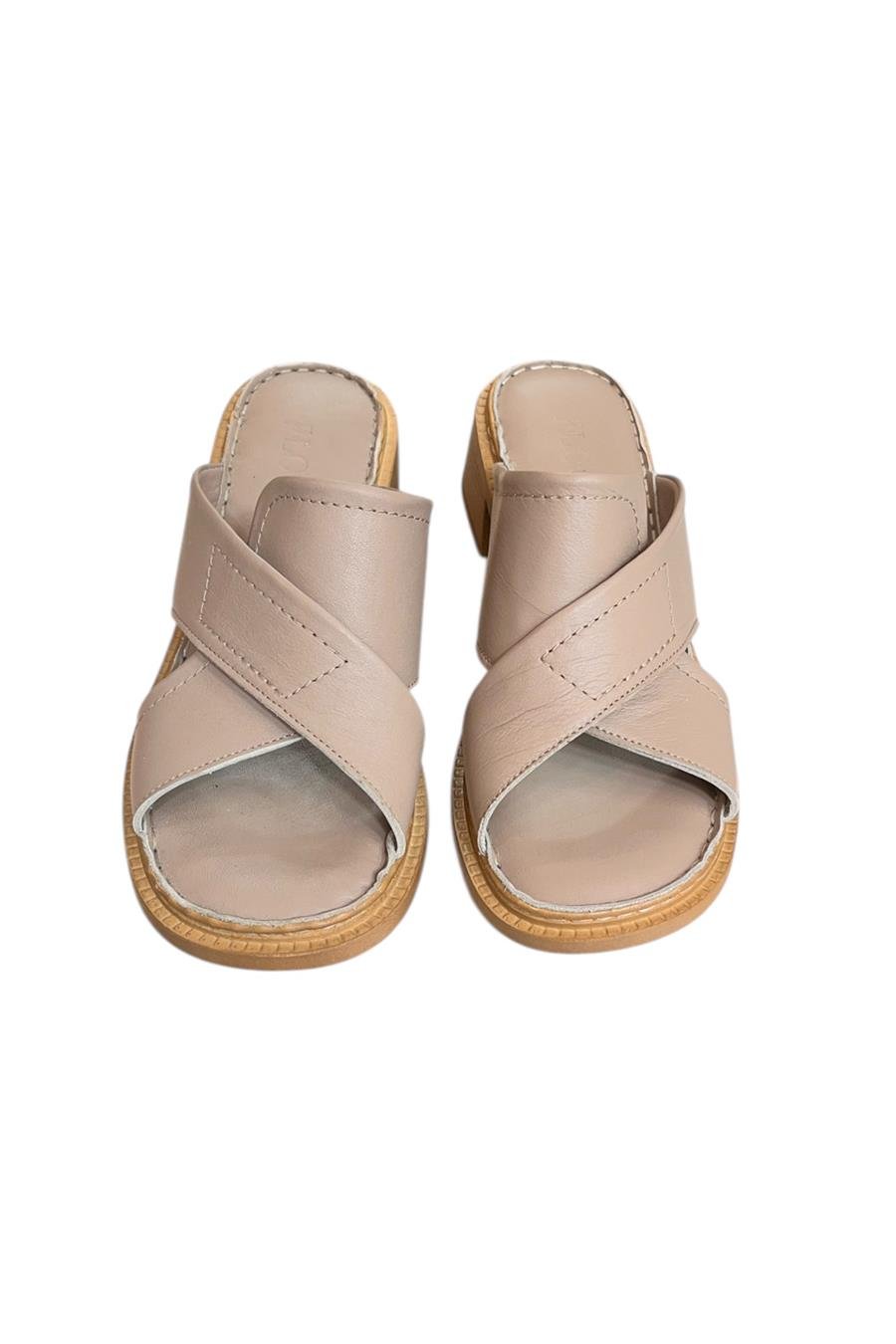 Vizon Hakiki Deri Puf Taban Çapraz Bantlı Terlik 