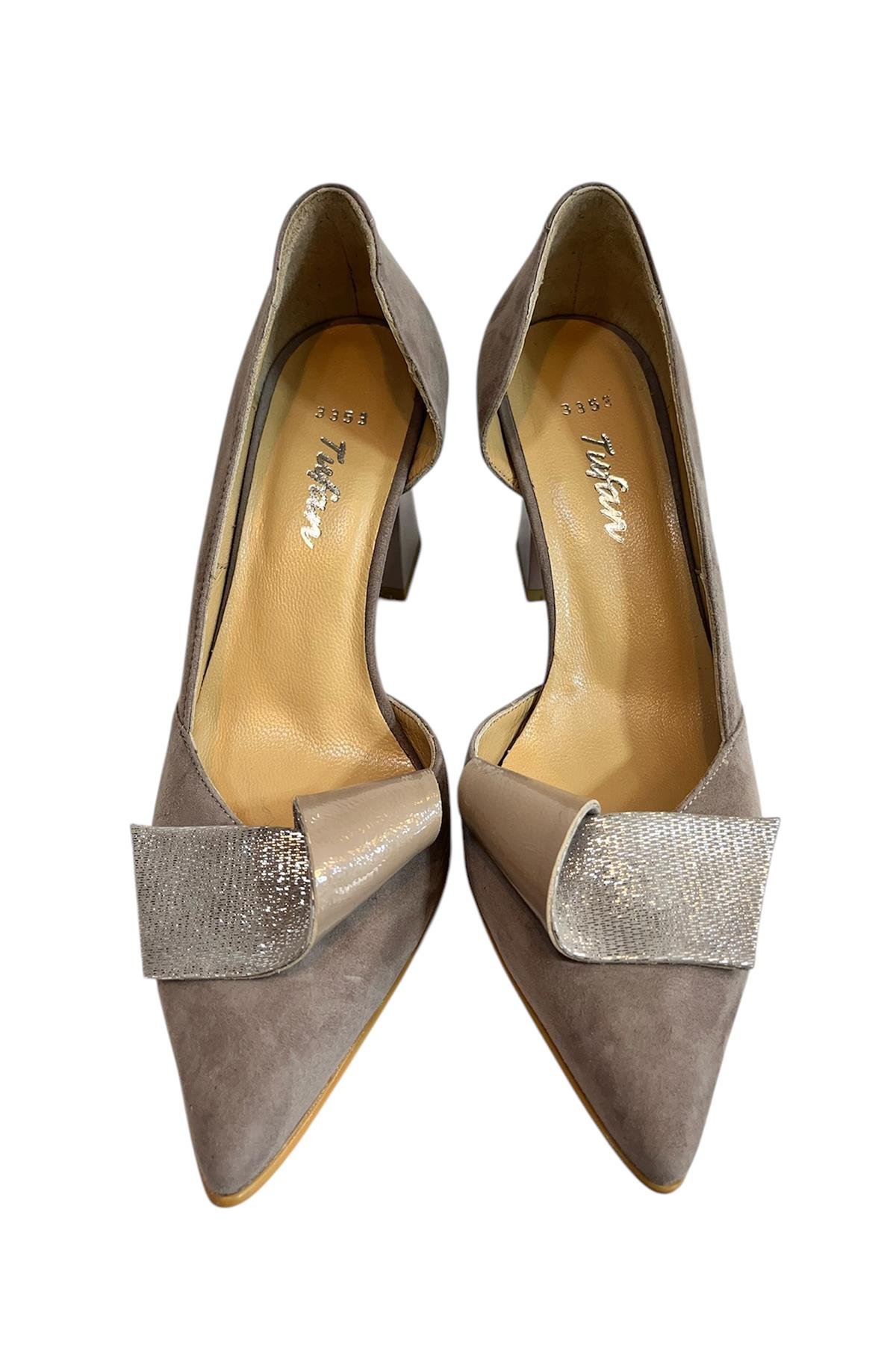 Vizon Hakiki Süet Deri Topuklu Ayakkabı