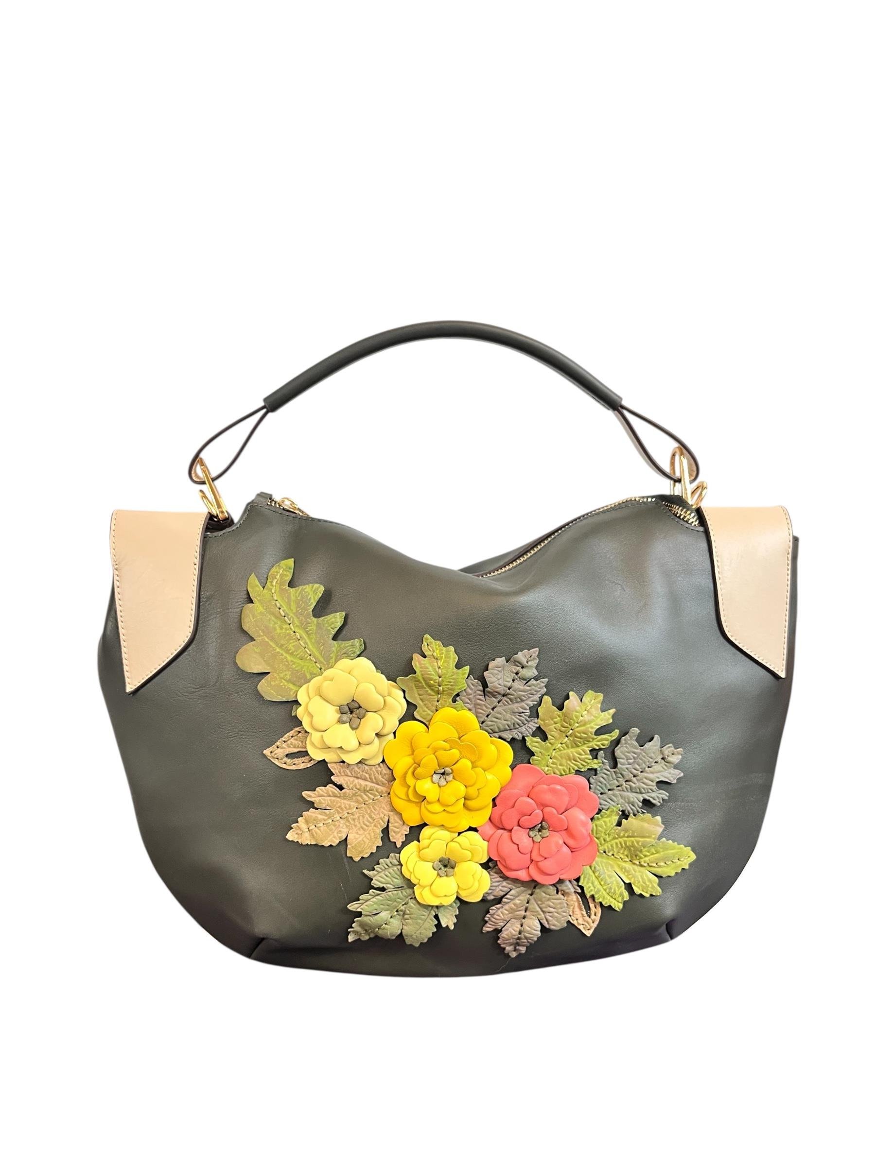 Yağ Yeşili  Hakiki Deri Çiçek Motifli El Yapımı Omuz ve El Çantası