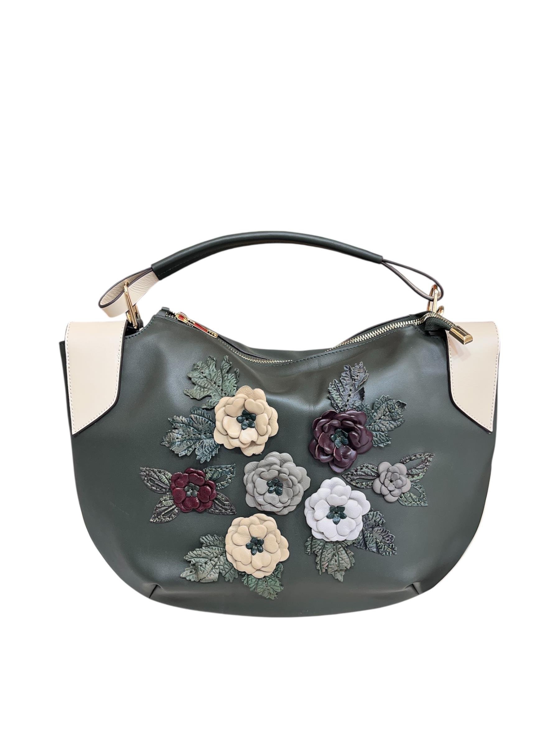 Yağ Yeşili  Hakiki Deri Çiçek Motifli El Yapımı Omuz ve El Çantası