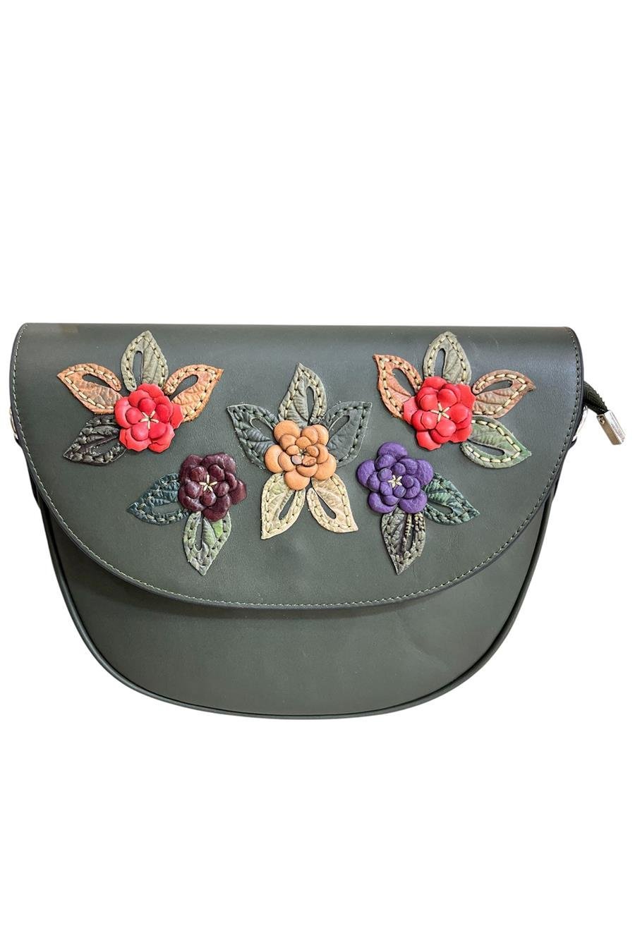 Yağ Yeşili  Hakiki Deri Çiçek Motifli El Yapımı Çapraz Çanta