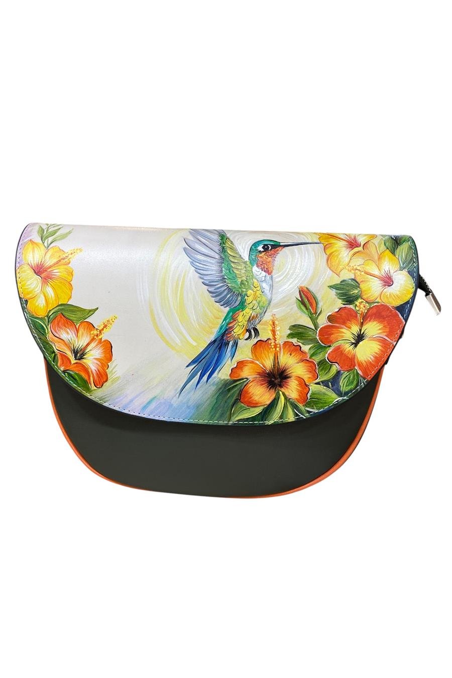 Yağ Yeşili  Hakiki Deri Kuş Desenli Deri Elde Boyama Çapraz Çanta