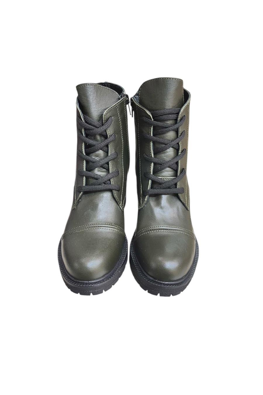 Yeşil Hakiki Deri  Bağcık Detay  Yandan Fermuarlı Kalın Topuk Bot