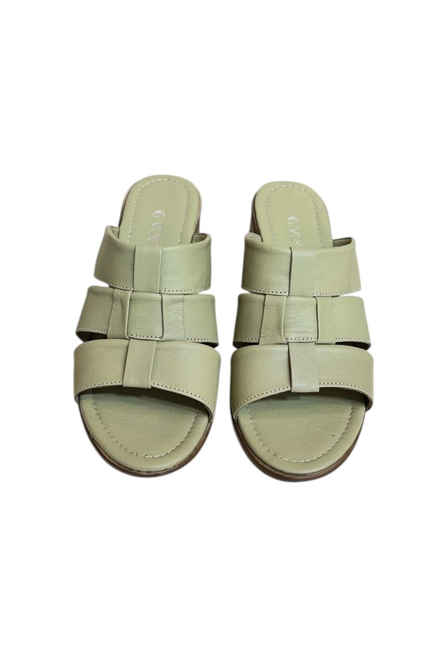 Yeşil Hakiki Deri Bant Detaylı Topuklu Comfort Taban Terlik