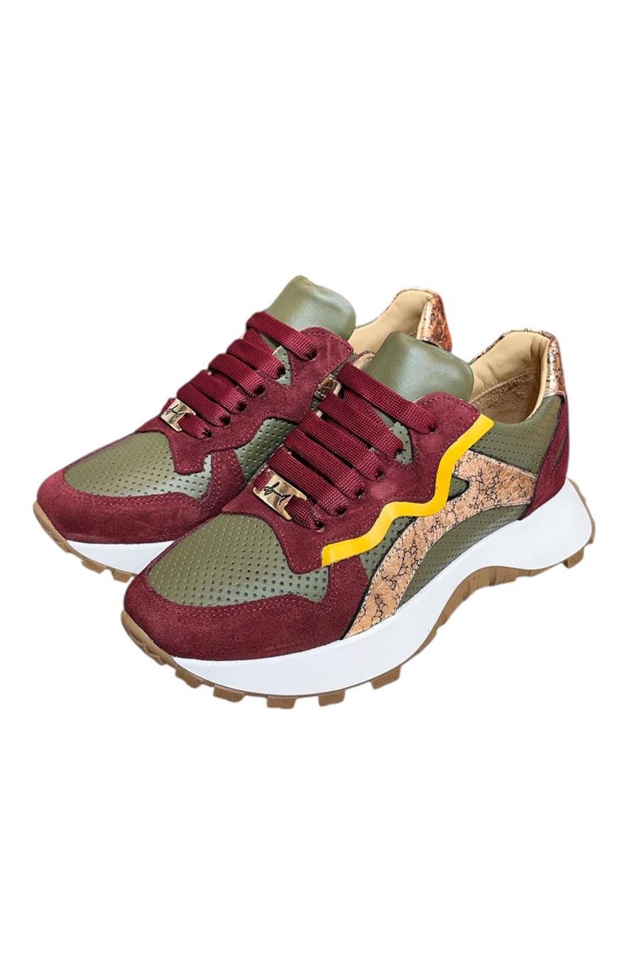 Yeşil Hakiki Deri Bordo Garnili Comfort Taban Bağcıklı Sneaker