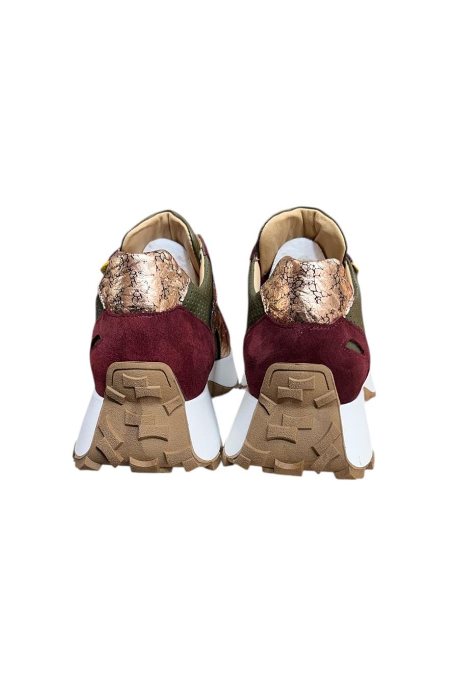 Yeşil Hakiki Deri Bordo Garnili Comfort Taban Bağcıklı Sneaker