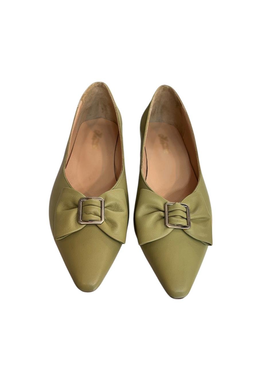 Yeşil Hakiki Deri Fiyonk Tokalı Babet Ayakkabı