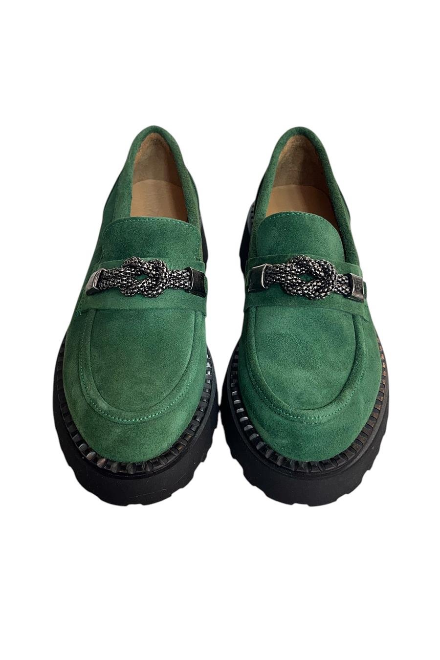 Yeşil Hakiki Deri Kalın Taban Loafer