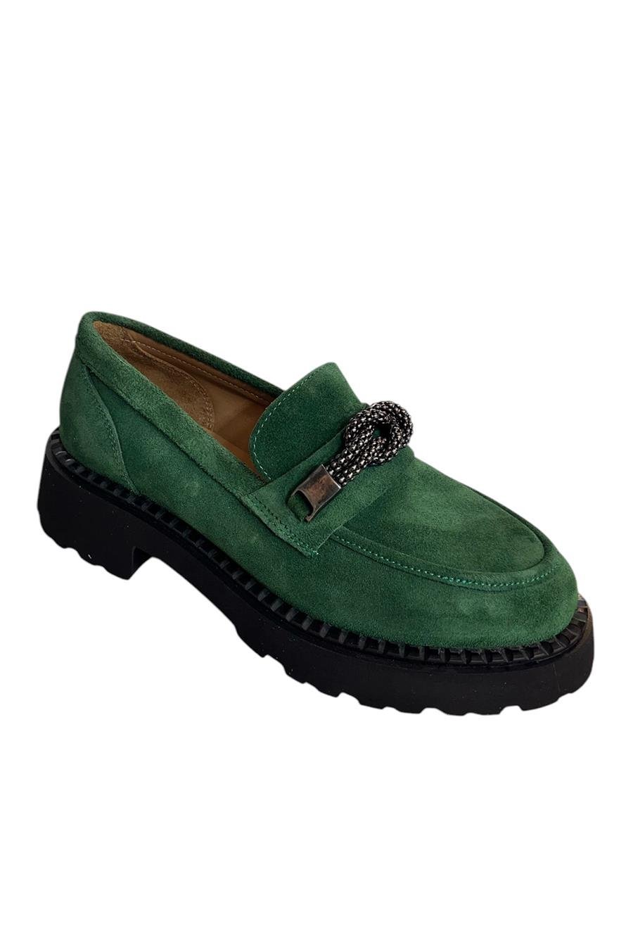 Yeşil Hakiki Deri Kalın Taban Loafer