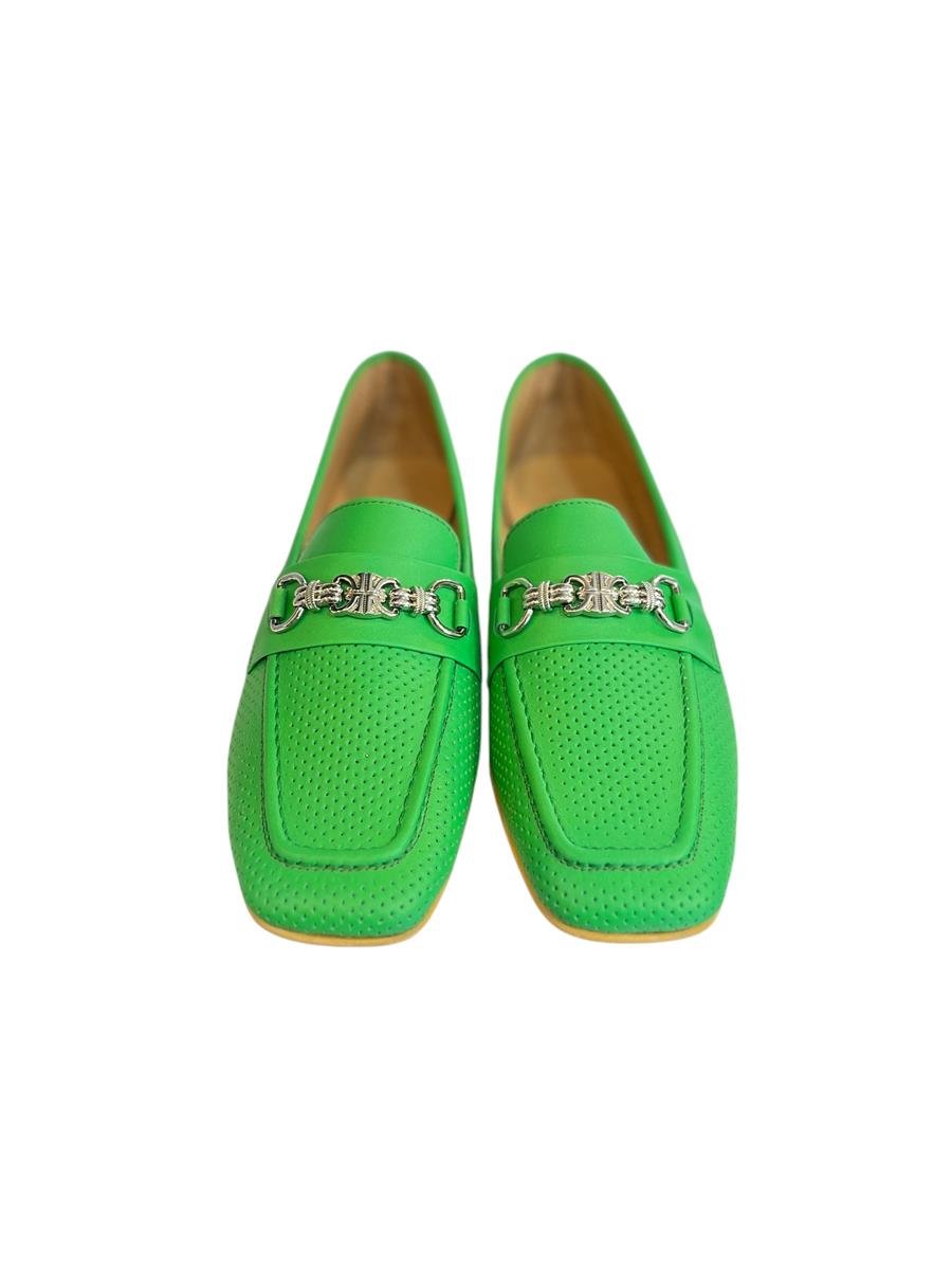 Yeşil  Hakiki Deri Toka Detay Zımbalı Loafer