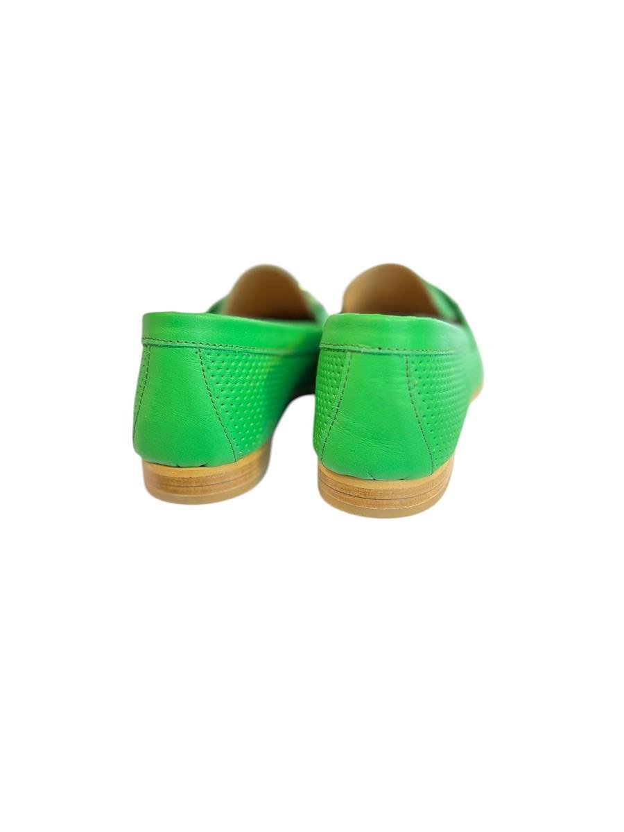 Yeşil  Hakiki Deri Toka Detay Zımbalı Loafer