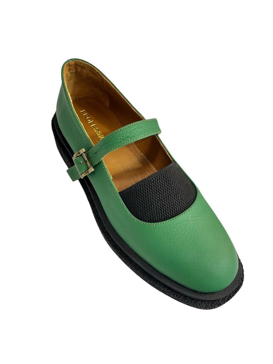 Yeşil Hakiki Deri Üst Kısmı Lastikli Babet