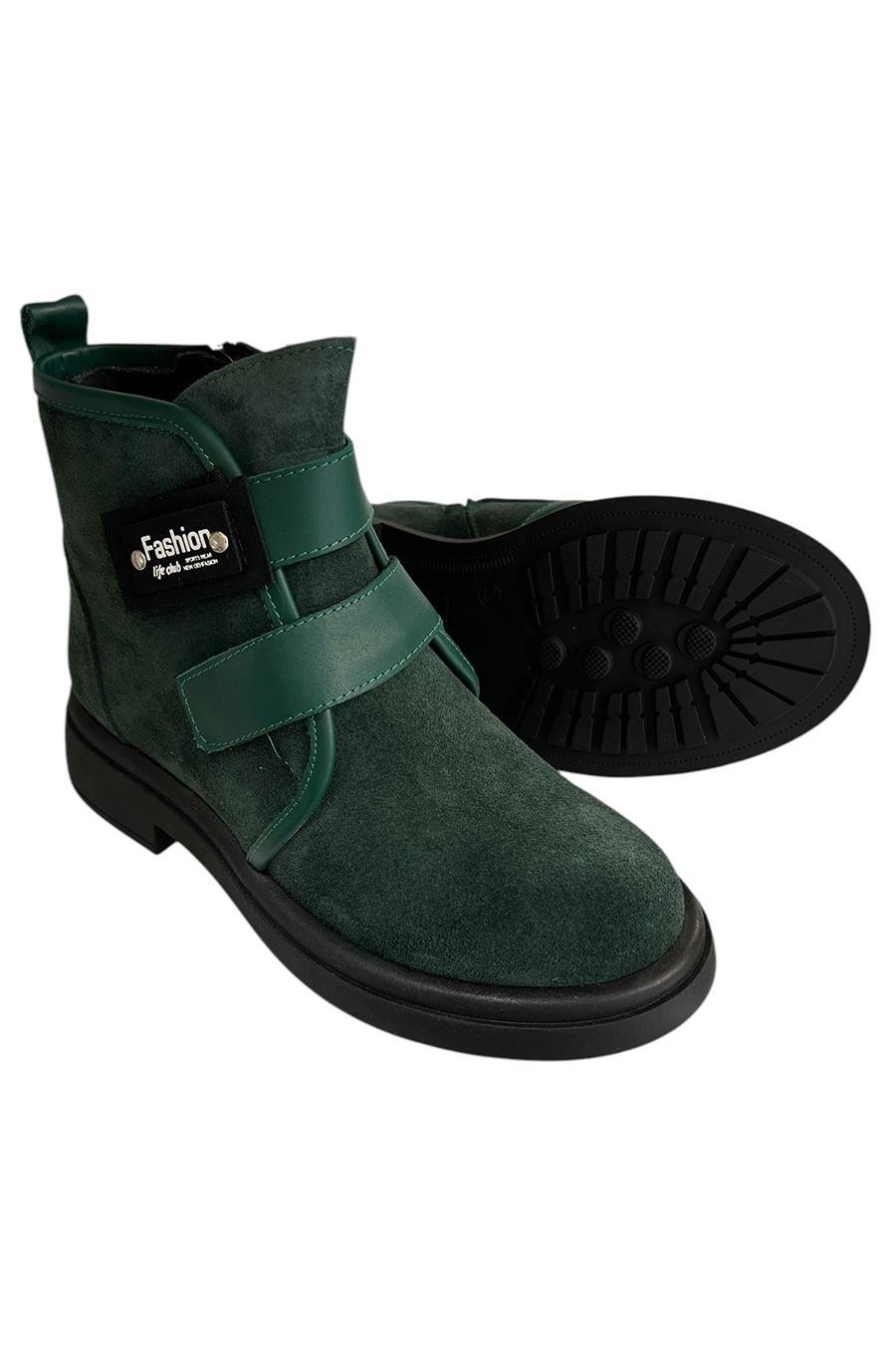 Yeşil Hakiki Süet Deri Çift Cırt Bantlı Bot