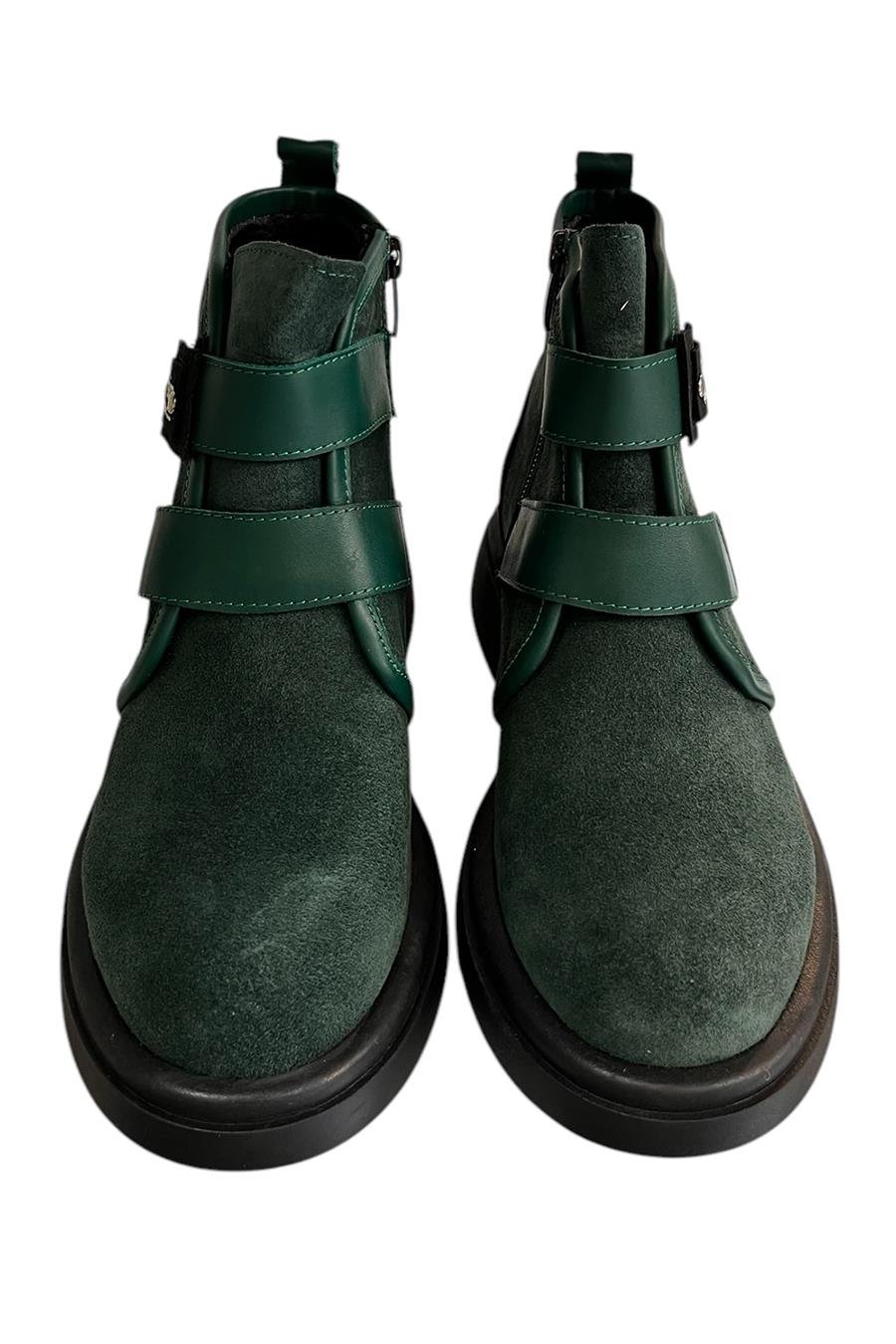 Yeşil Hakiki Süet Deri Çift Cırt Bantlı Bot