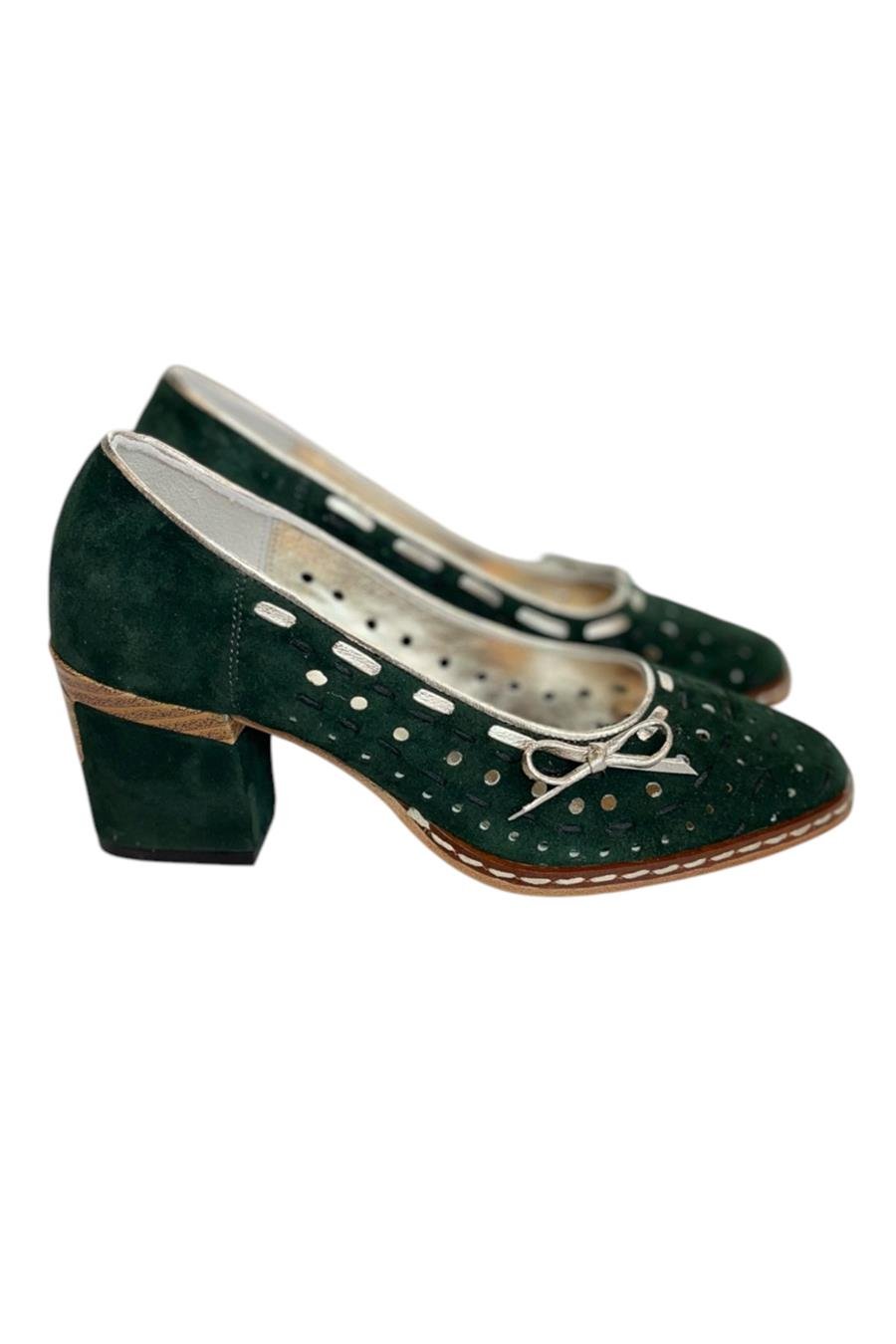 Yeşil Hakiki Süet Deri Fiyonk Detay Topuklu Ayakkabı