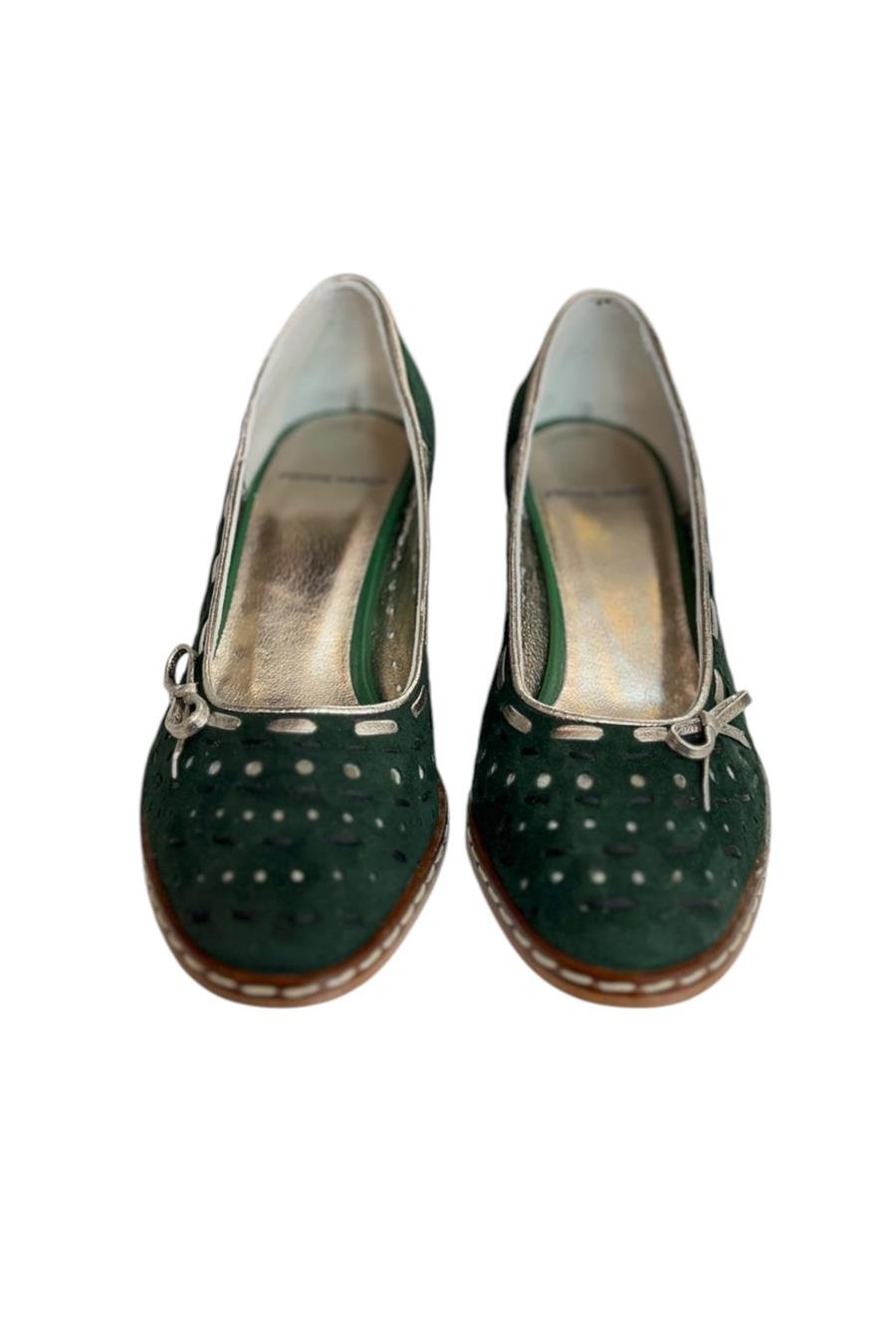 Yeşil Hakiki Süet Deri Fiyonk Detay Topuklu Ayakkabı