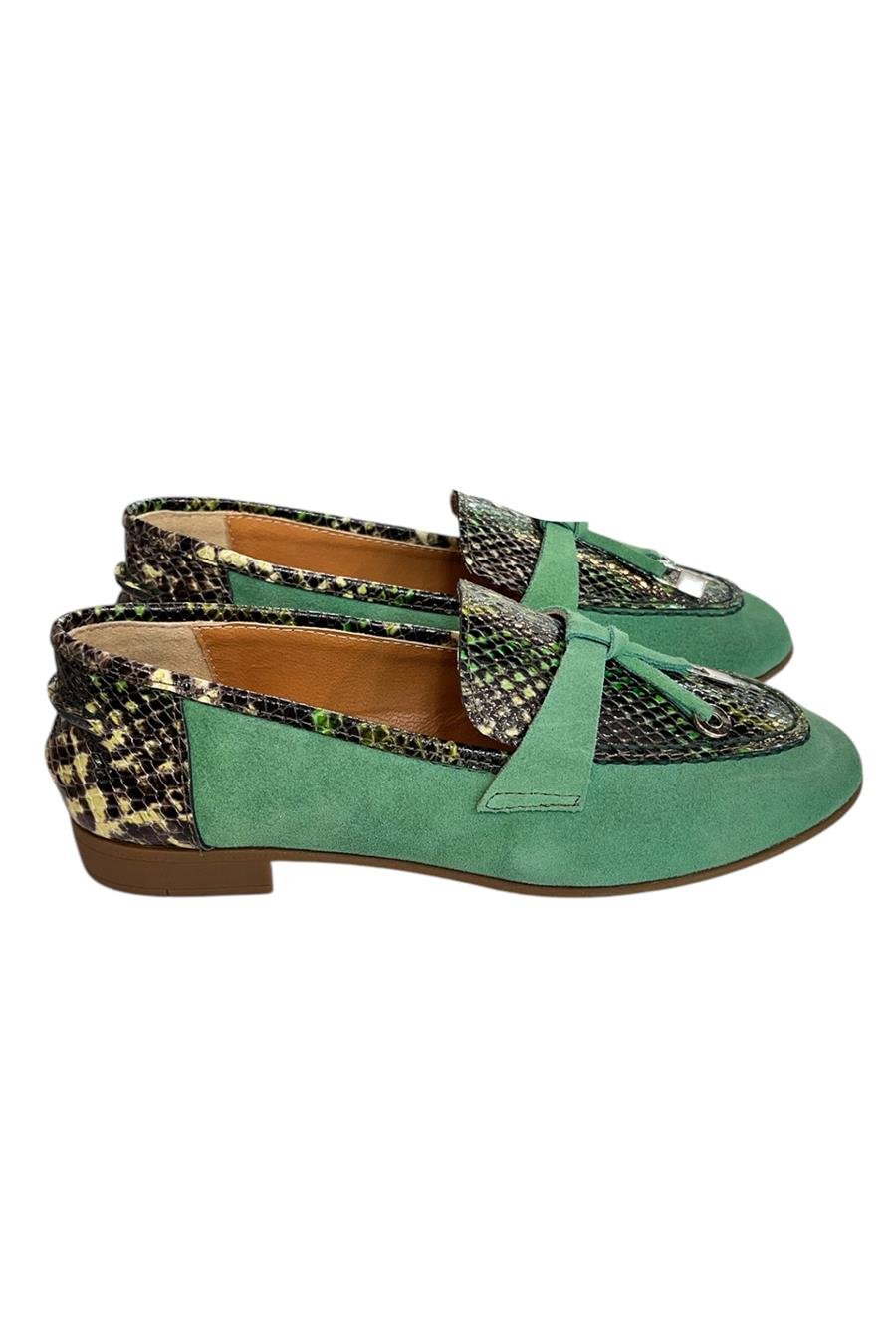 Yeşil Hakiki Süet Deri Yılan Baskı Loafer