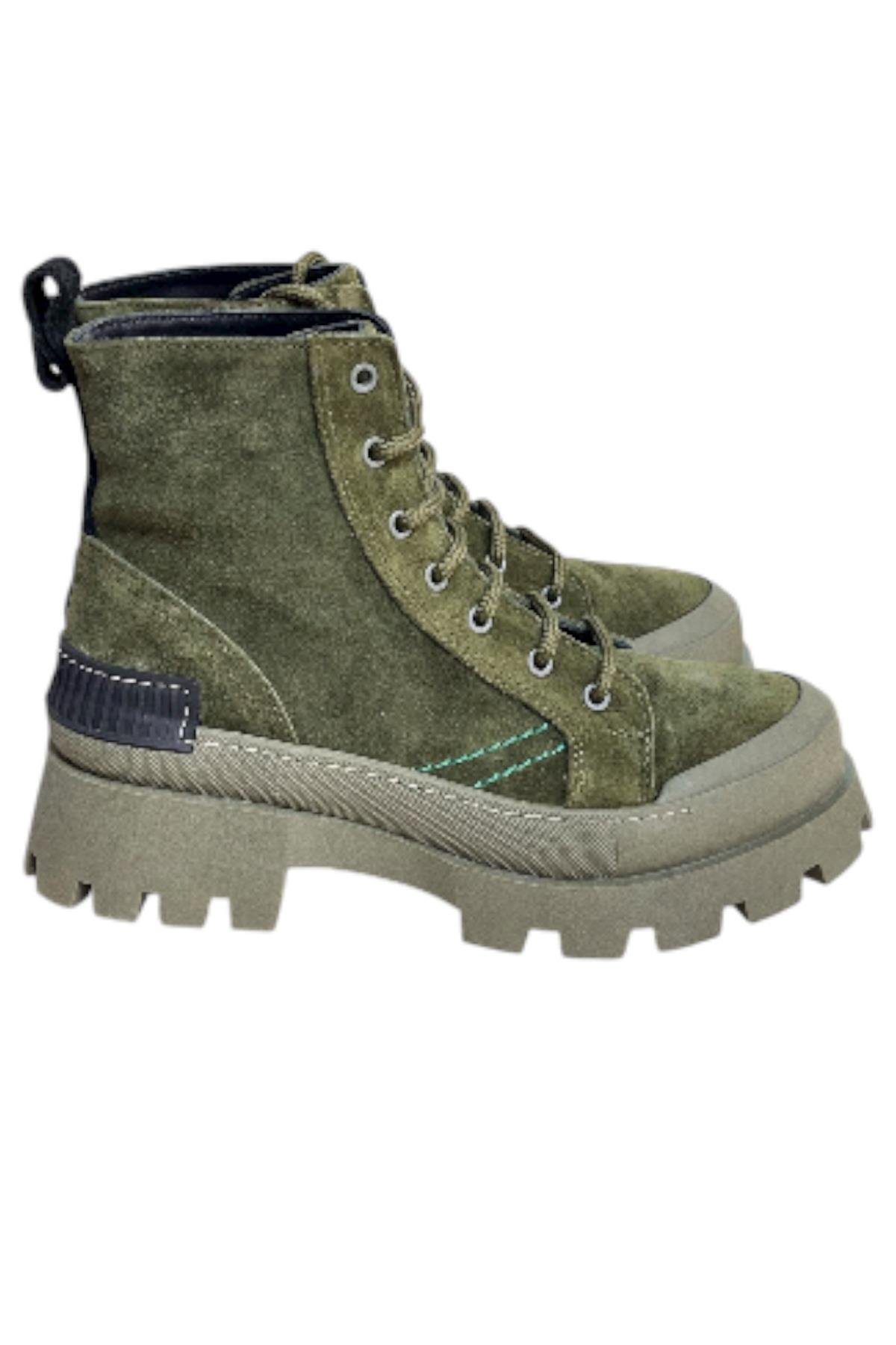 Yeşil Hakiki Süet İçi Kürklü Yeşil  Taban Yandan Fermuarlı Bot