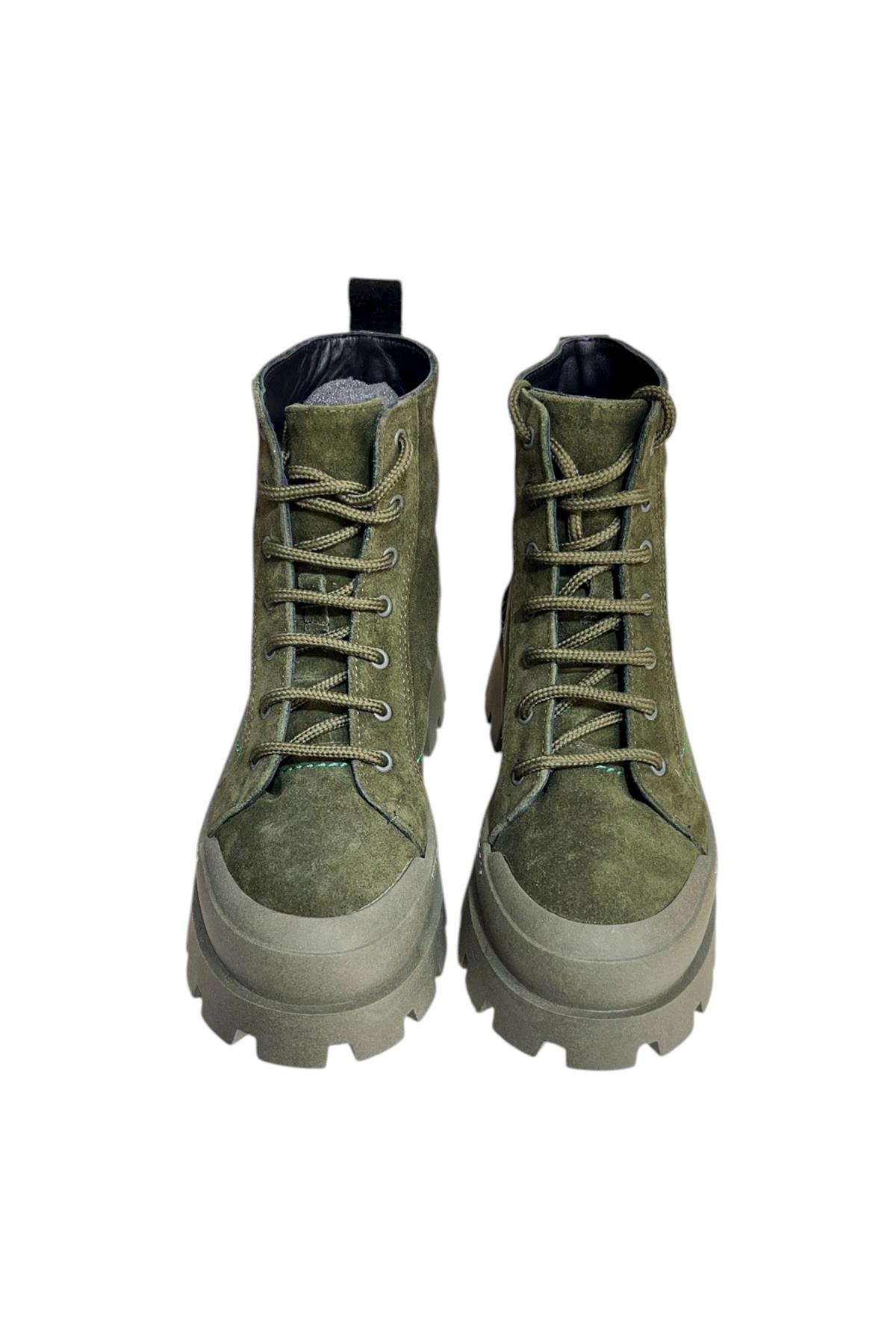 Yeşil Hakiki Süet İçi Kürklü Yeşil  Taban Yandan Fermuarlı Bot