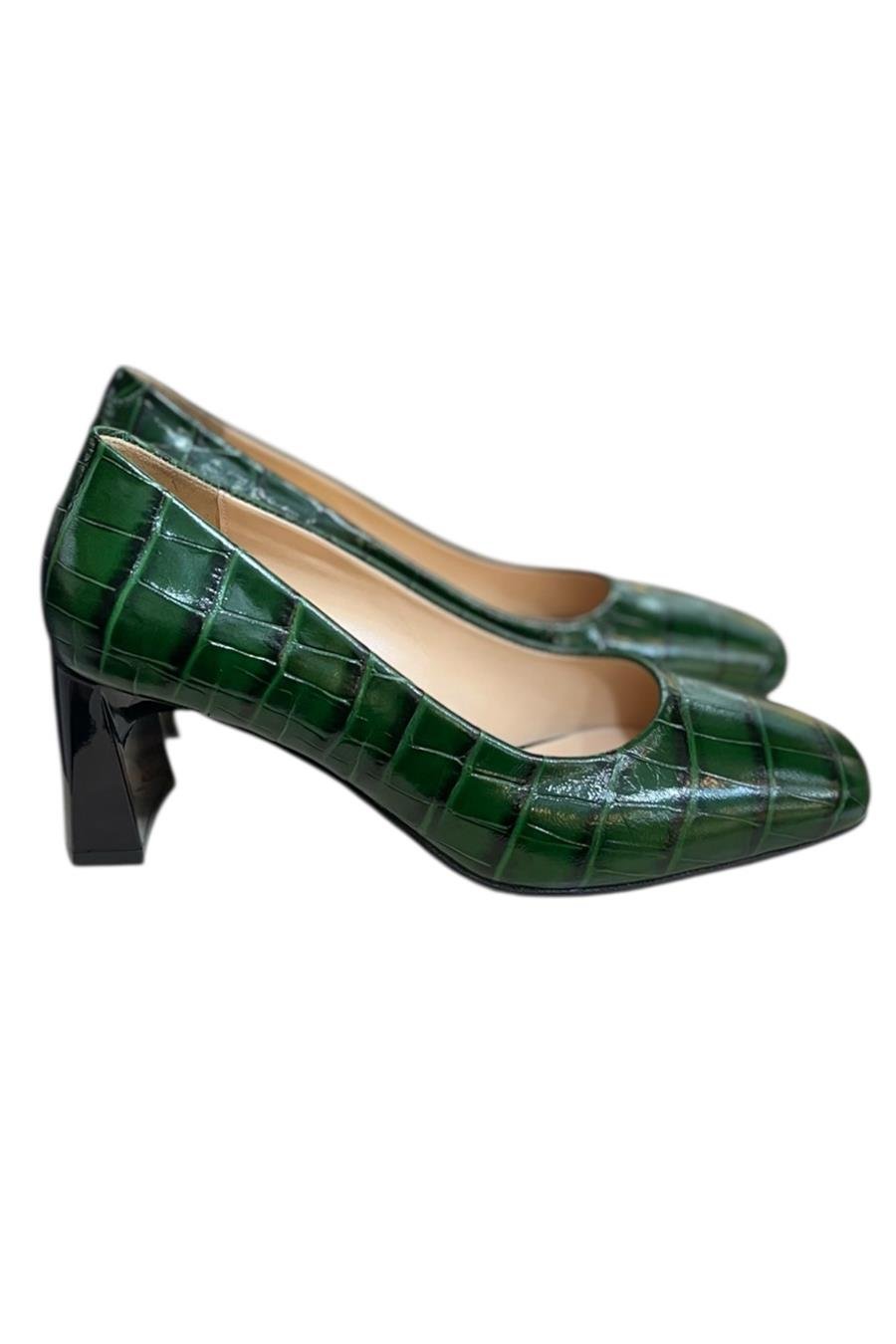 Yeşil Krokodil Hakiki Deri Topuklu Ayakkabı