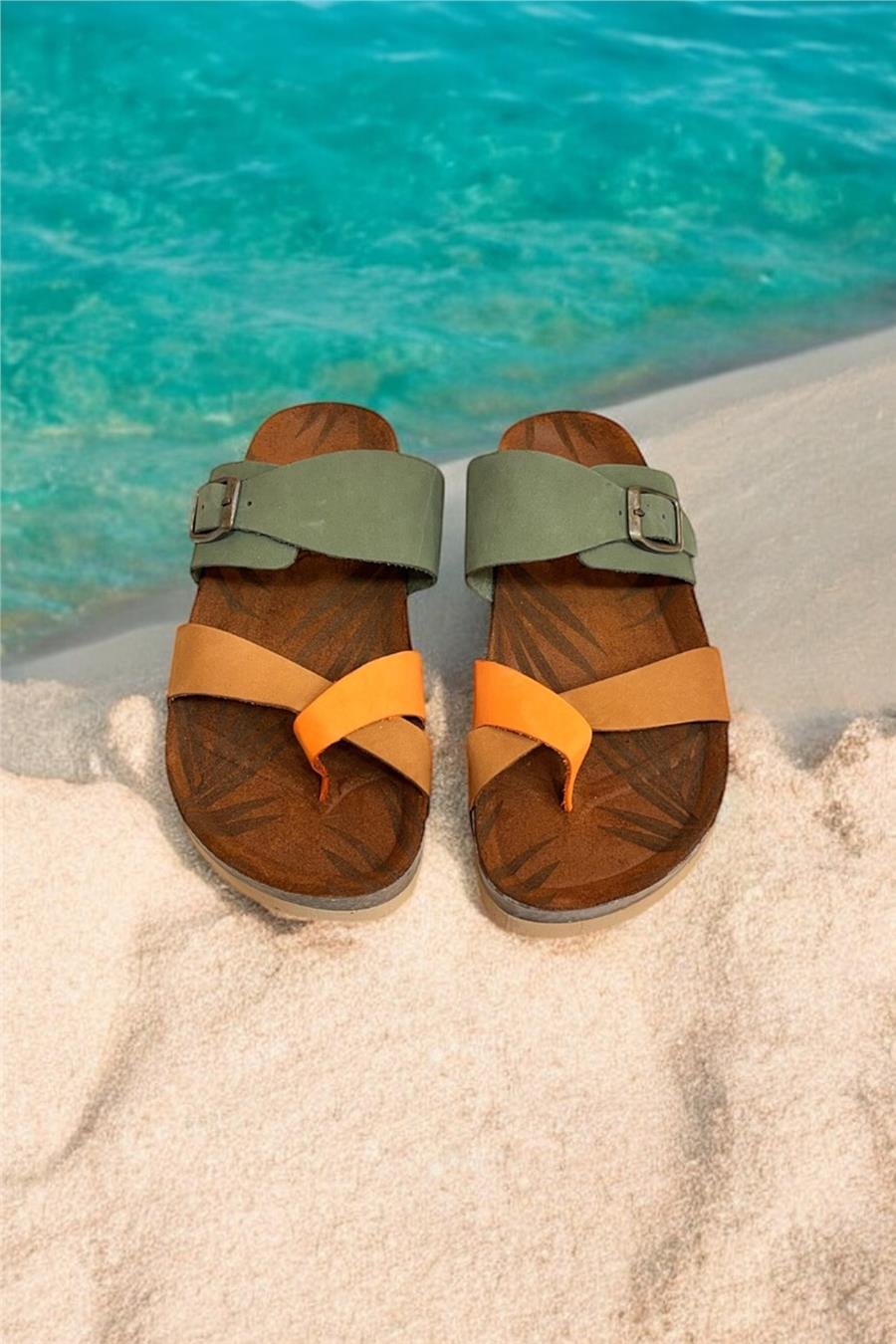 Yeşil Multi Hakiki Deri Nubuk Parmak Arası  Mantar Taban Terlik