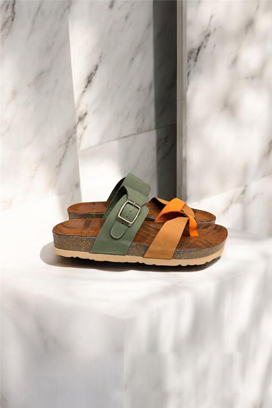 Yeşil Multi Hakiki Deri Nubuk Parmak Arası  Mantar Taban Terlik