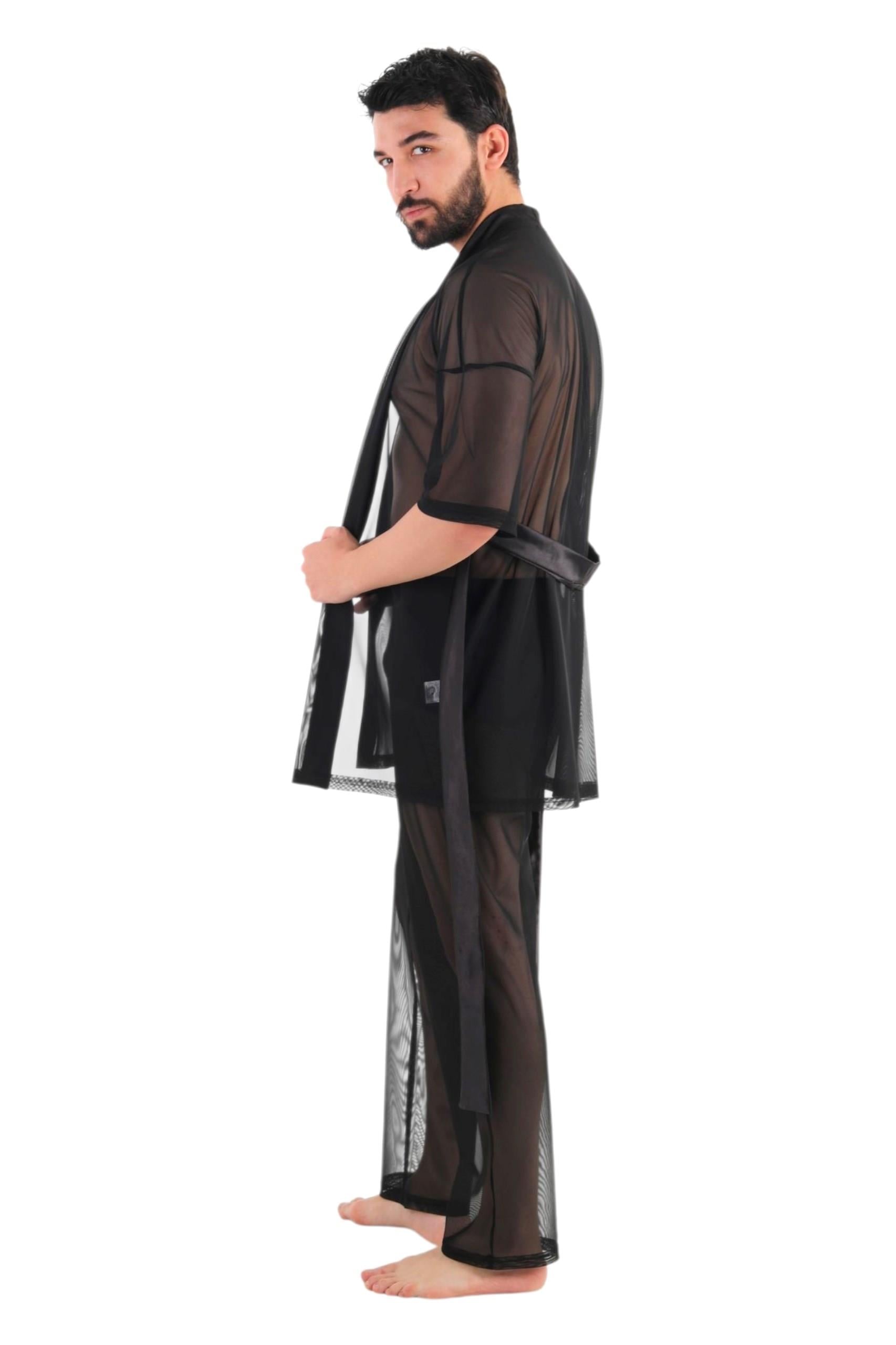 JEU JEU BLINK Siyah Tül  Saten Detaylı Transparan Fantezi Erkek Kimono Takımı