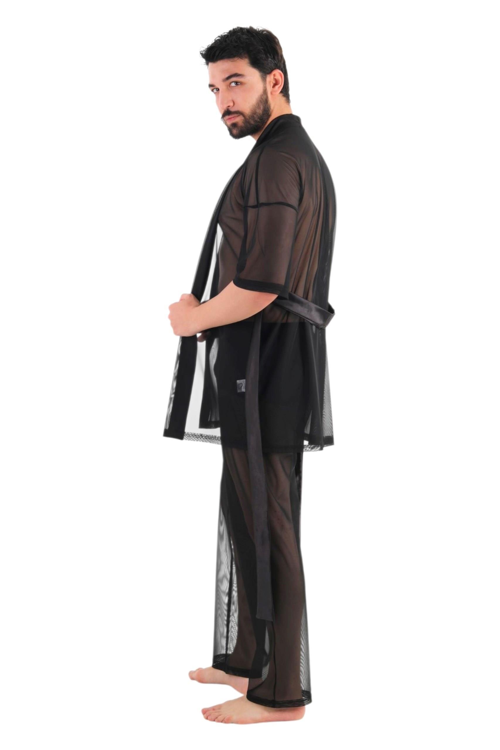 JEU JEU BLINK Siyah Tül  Saten Detaylı Transparan Fantezi Erkek Kimono Takımı