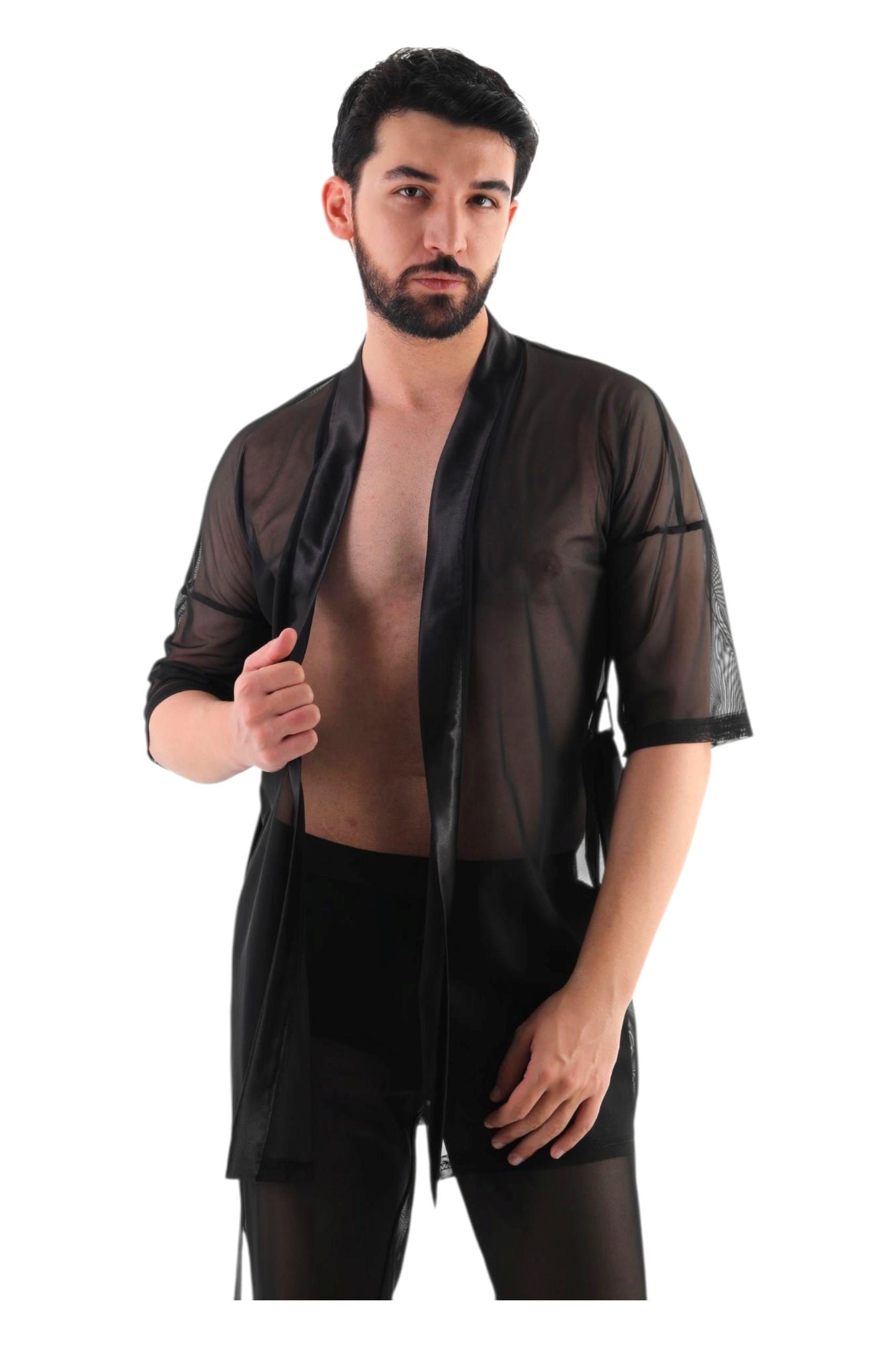 JEU JEU BLINK Siyah Tül  Saten Detaylı Transparan Fantezi Erkek Kimono Takımı