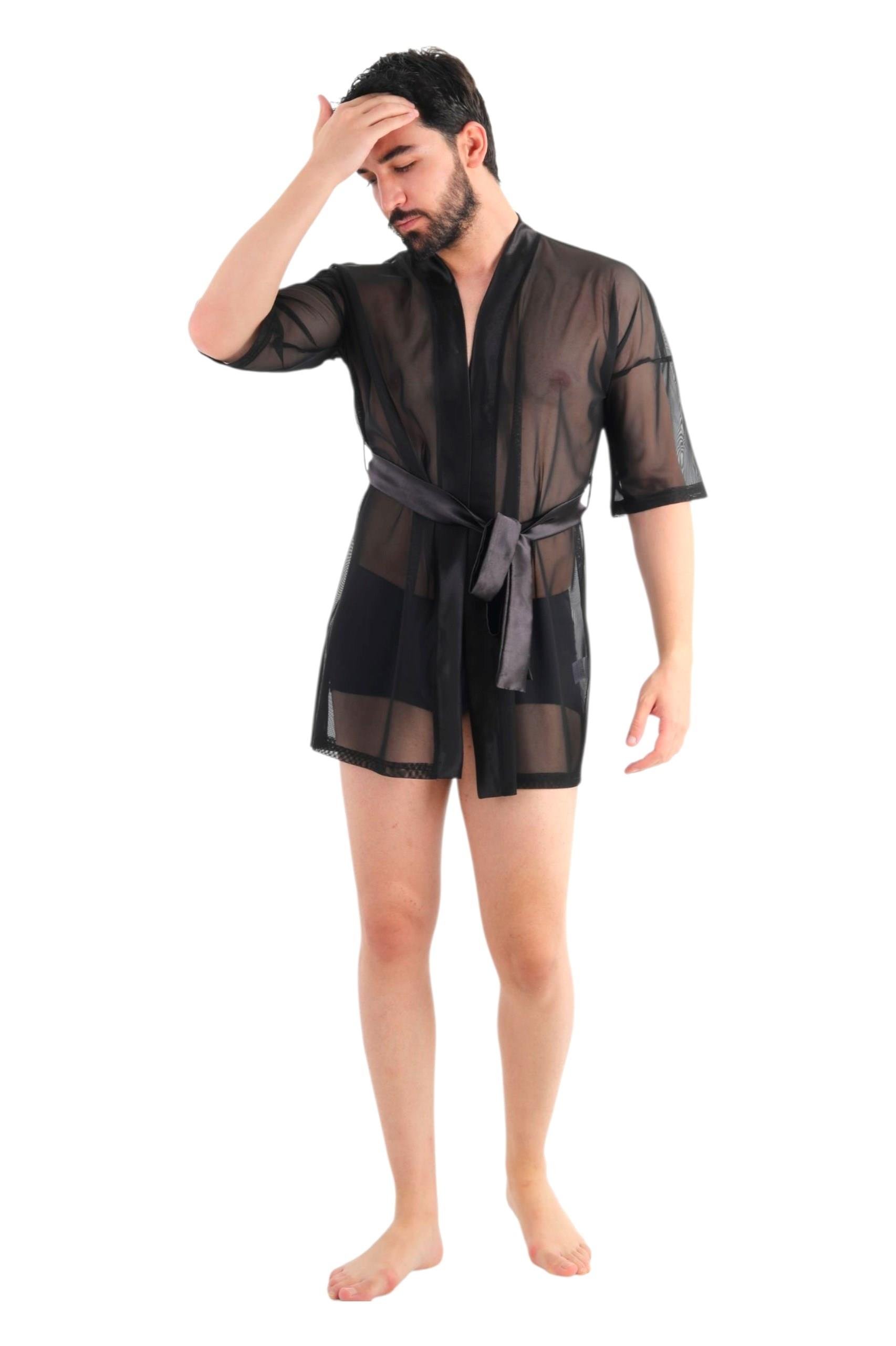 JEU JEU BLINK Siyah Tül  Saten Detaylı Transparan Fantezi Erkek Kimono Takımı