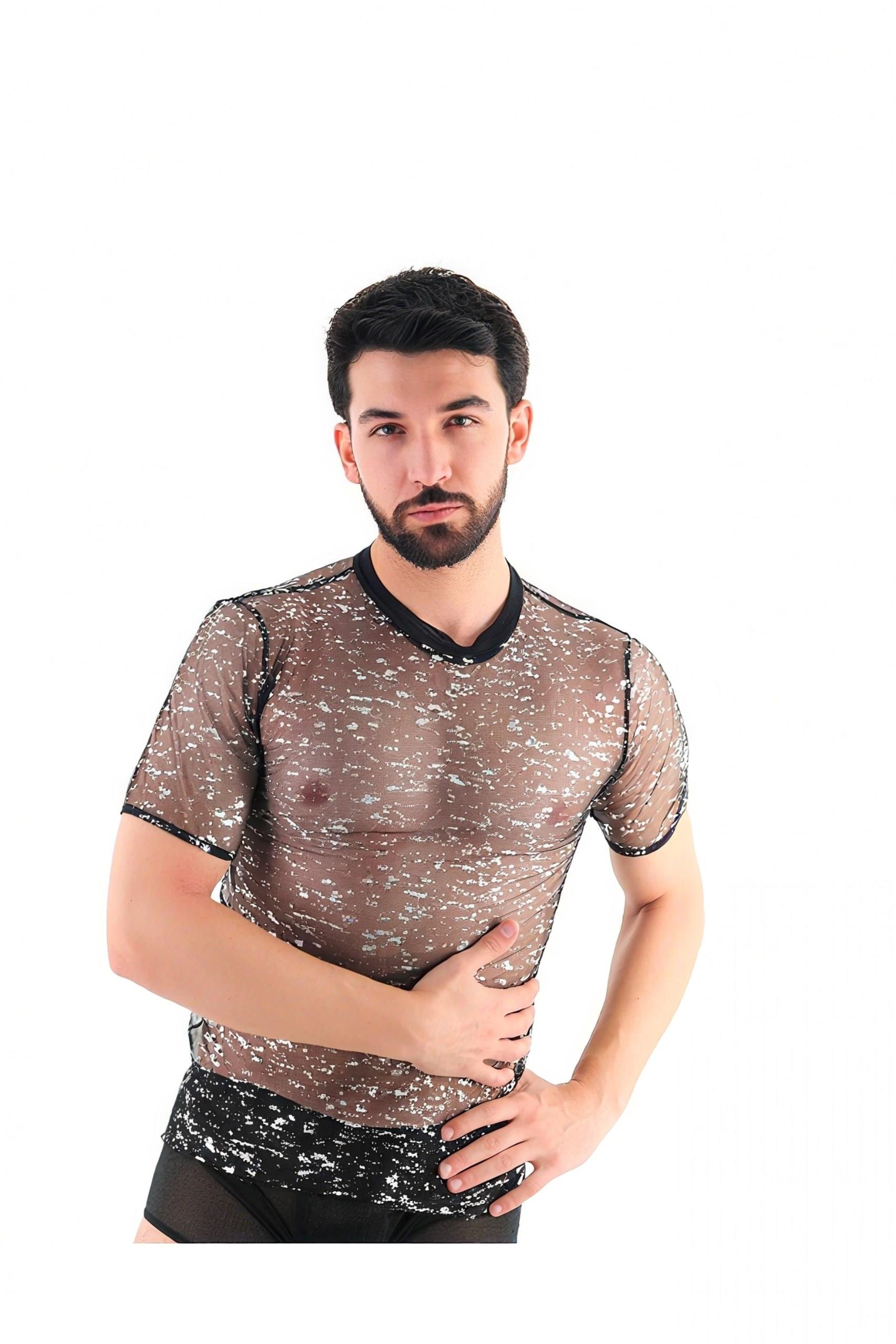 JEU JEU FOIL – Gümüş Varak Baskılı Transparan Fantezi Erkek Bluz