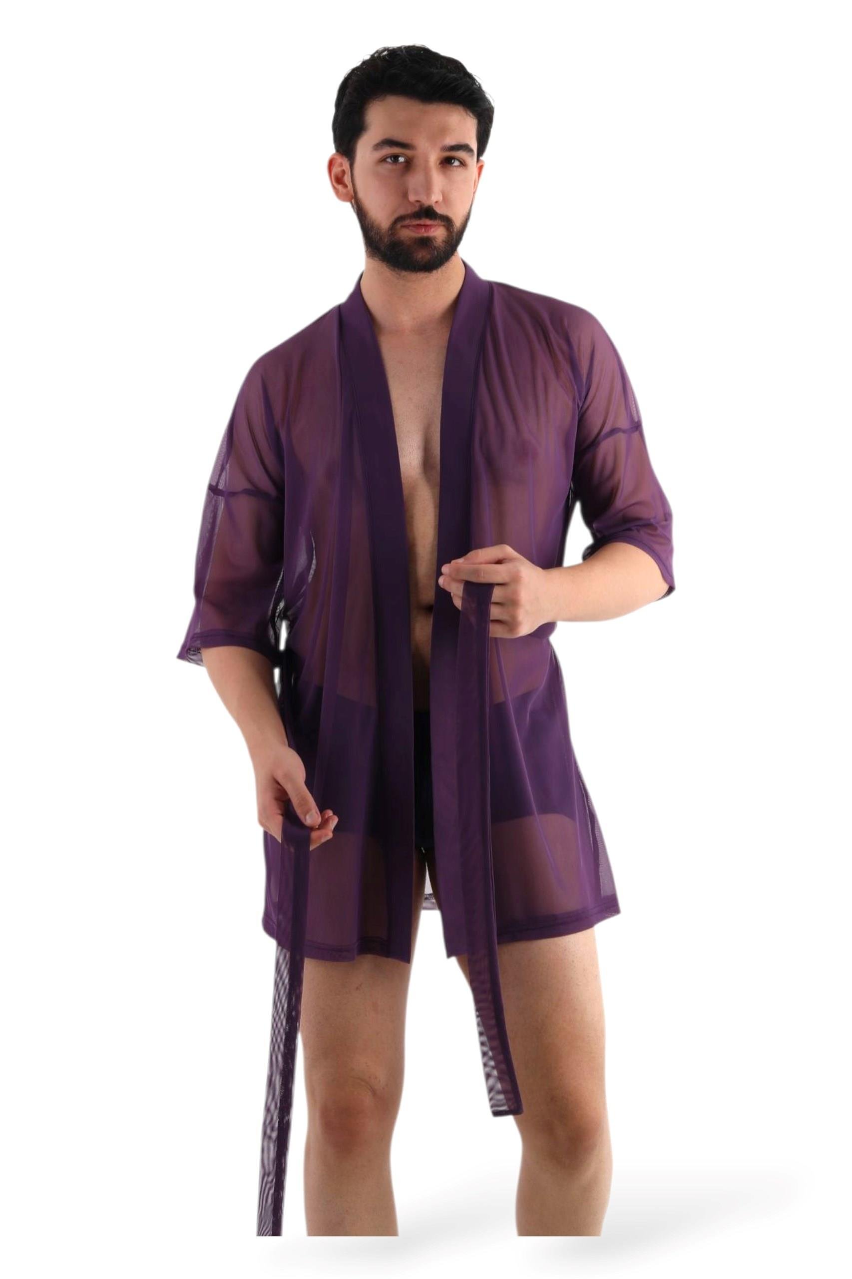 JEU JEU HAZE – Mor Tül Kaplamalı Saten Transparan Fantezi Erkek Kimono Takımı