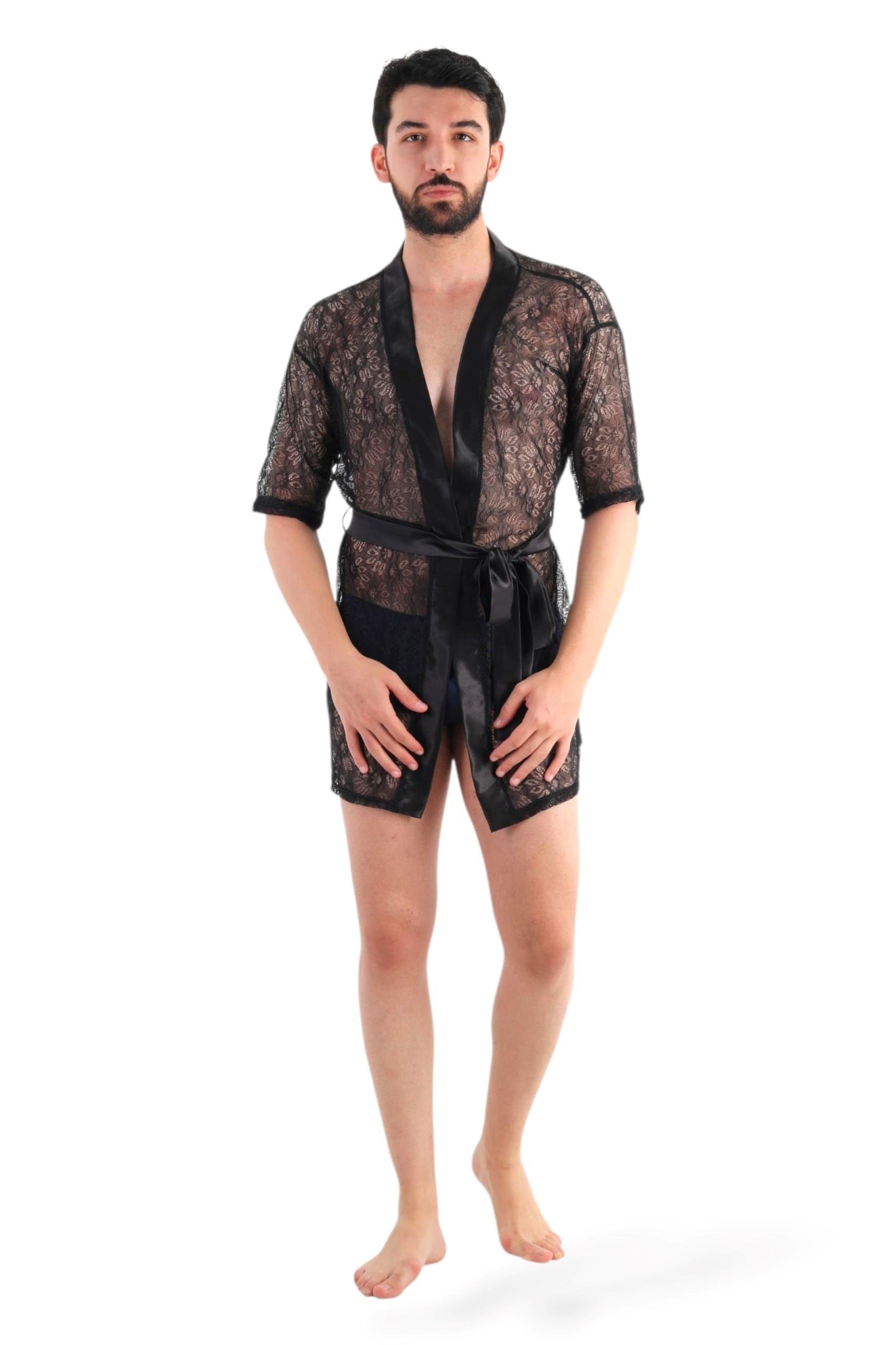 JEU JEU LOOM – Siyah Dantel Fantezi Kimono ve Pantolon Erkek Takımı