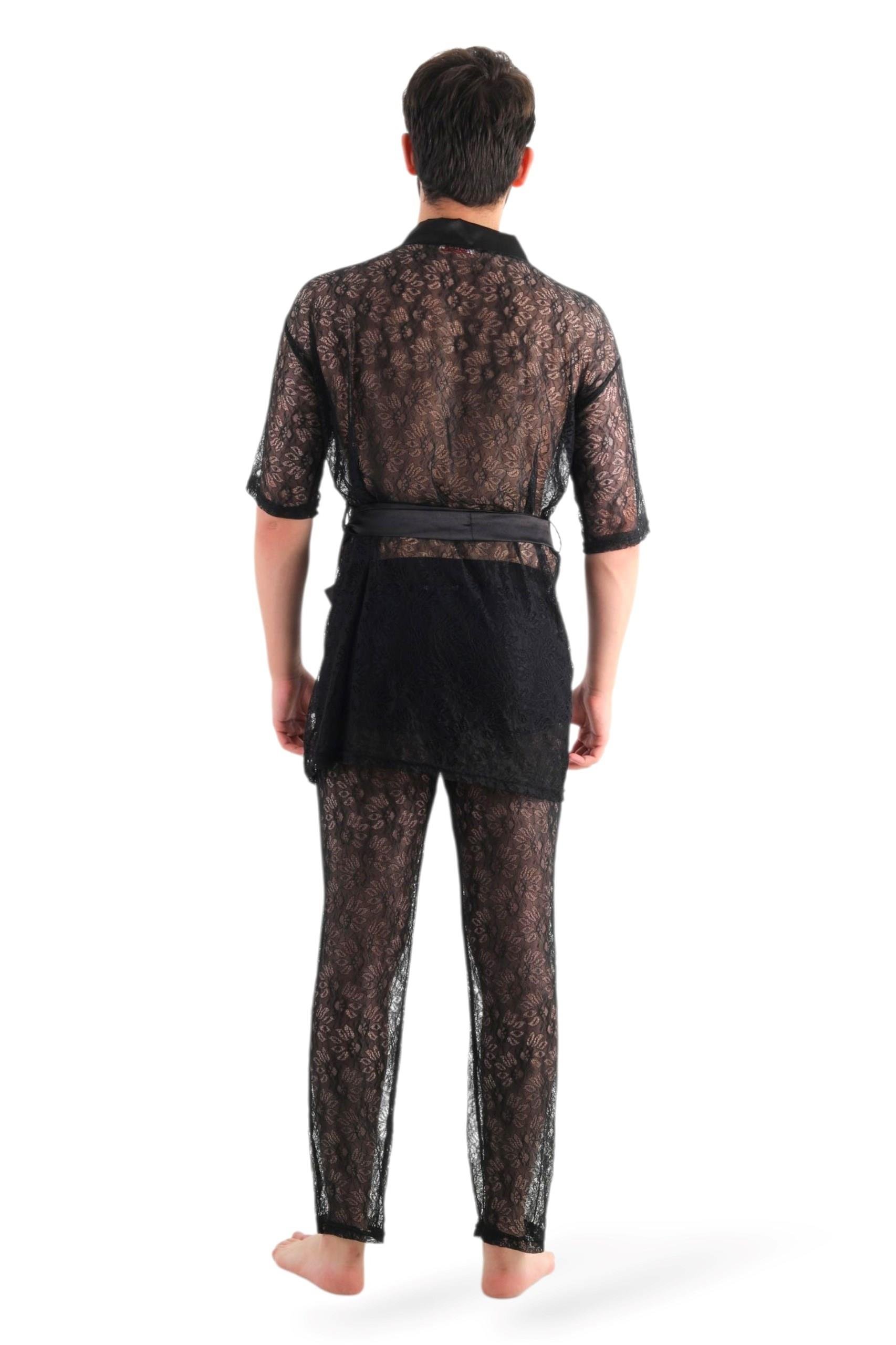 JEU JEU LOOM – Siyah Dantel Fantezi Kimono ve Pantolon Erkek Takımı