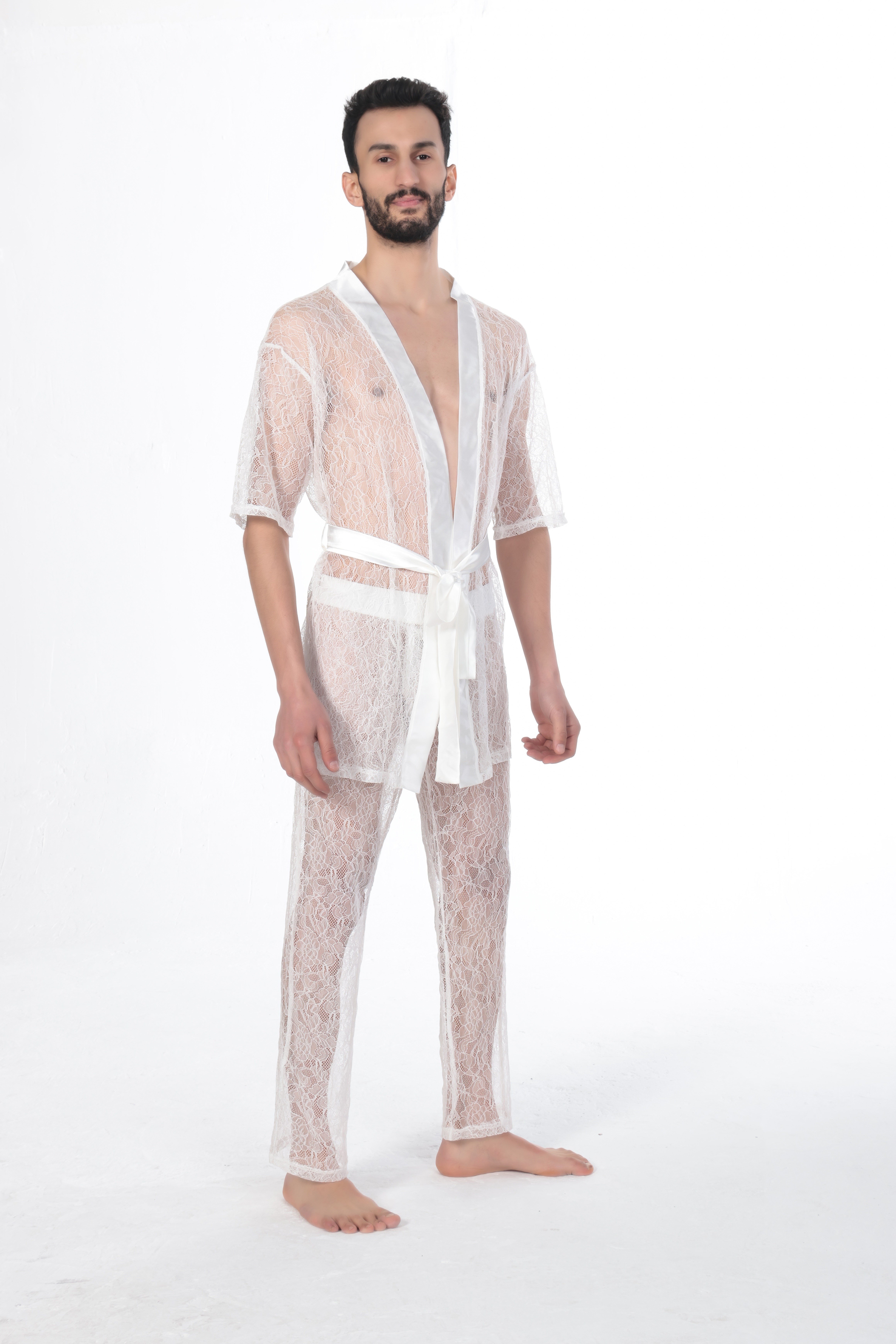 JEU JEU NEST –Ekru Dantel Fantezi Kimono ve Pantolon Erkek Takımı