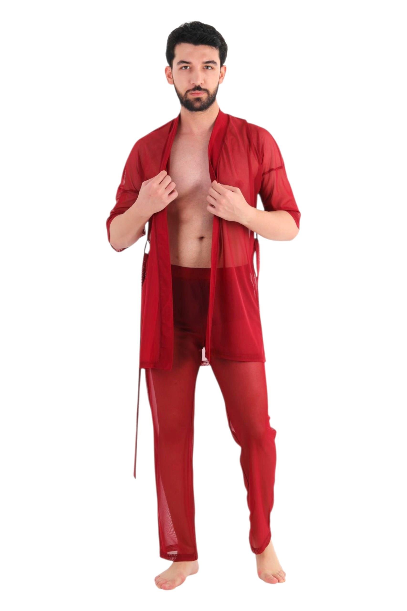 JEU JEU RUSE – Bordo Tül Transparan Fantezi Erkek Kimono Takımı