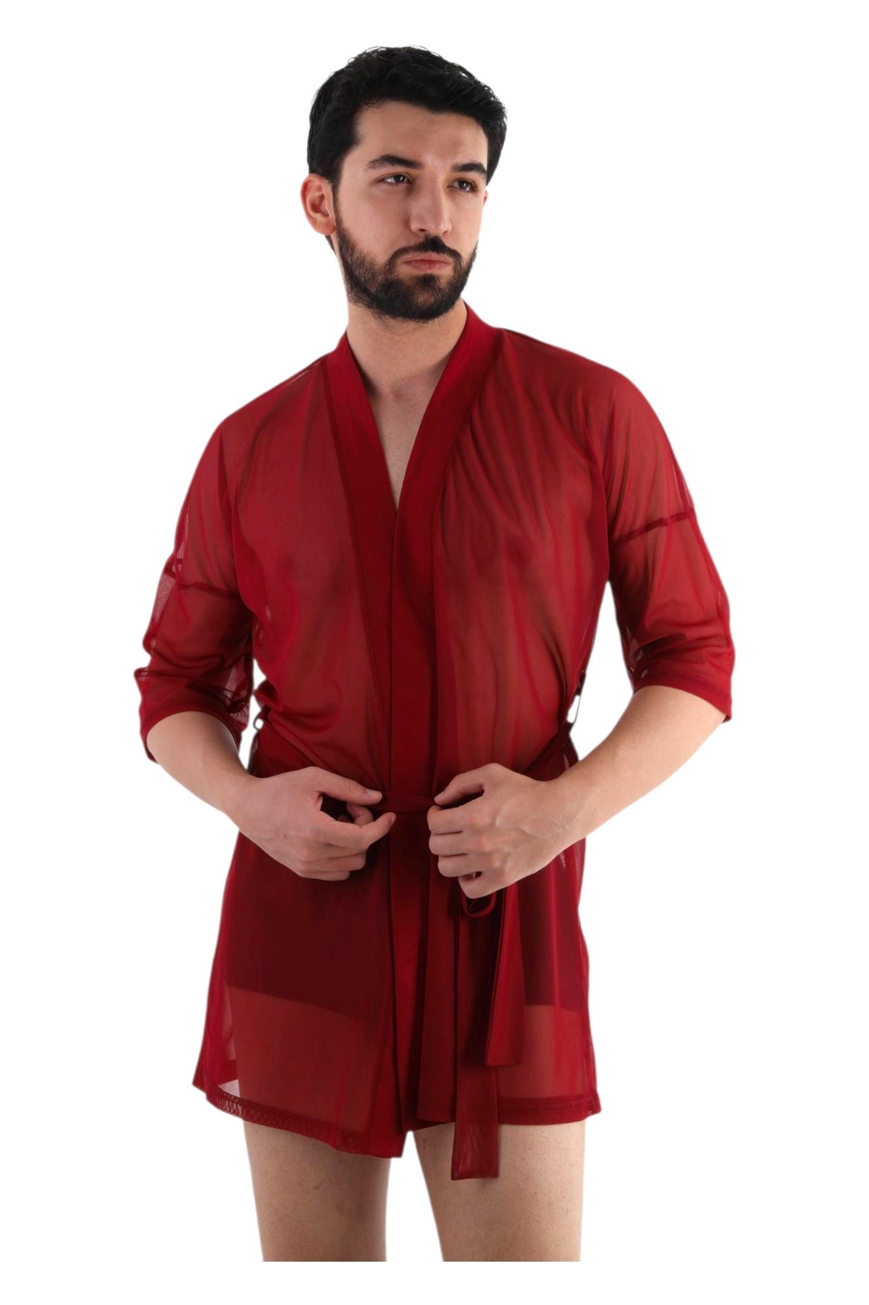JEU JEU RUSE – Bordo Tül Transparan Fantezi Erkek Kimono Takımı