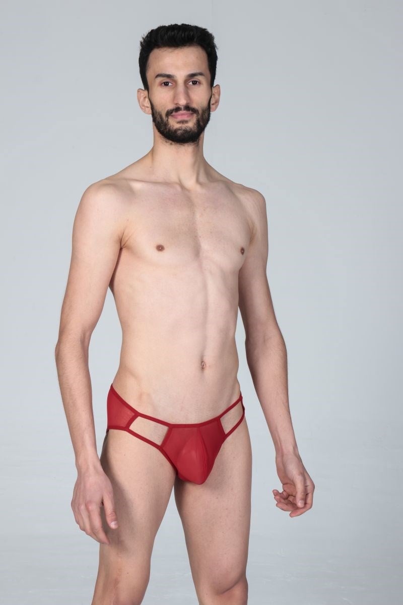 Jeu Jeu Sheer Cut Slip – Transparan Yan Kesitli Modern Erkek Slip Kırmızı