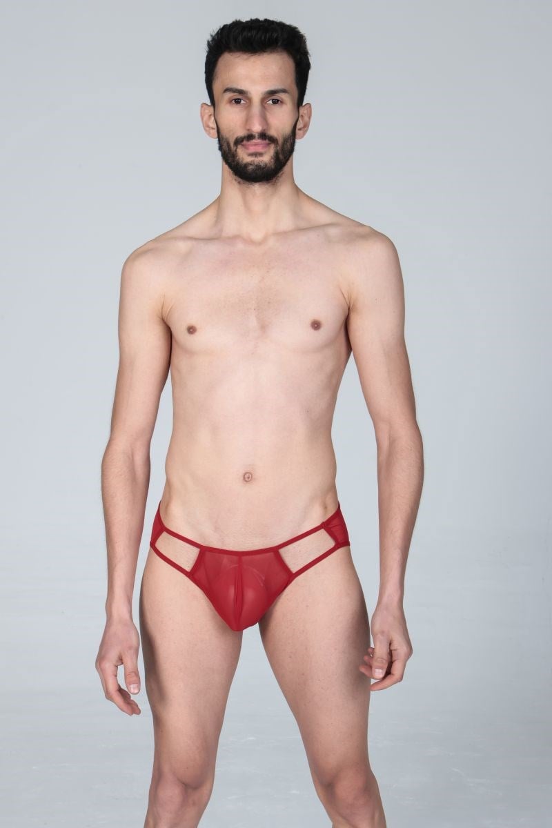 Jeu Jeu Sheer Cut Slip – Transparan Yan Kesitli Modern Erkek Slip Kırmızı