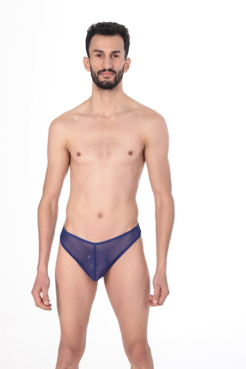 JEU JEU Sheer Slip – Transparan Tül, Ultra Hafif, Esnek Erkek Slip Saks Mavi