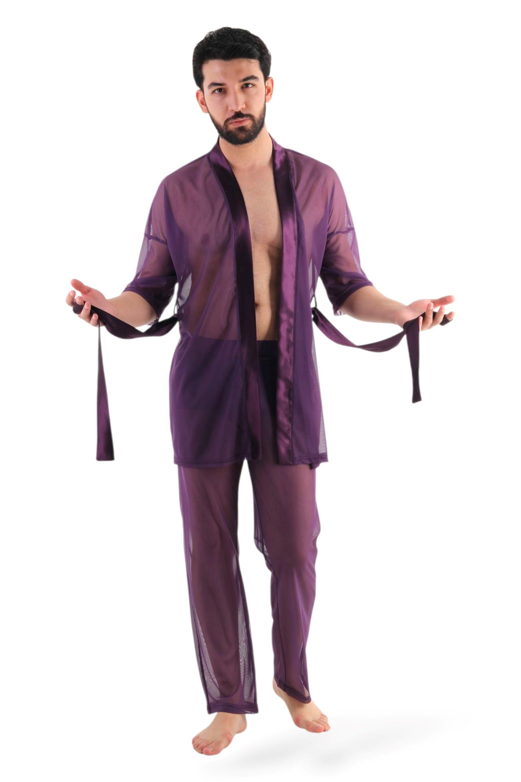JEU JEU SHINE – Mor Tül & Saten Transparan Fantezi Erkek Kimono Takımı
