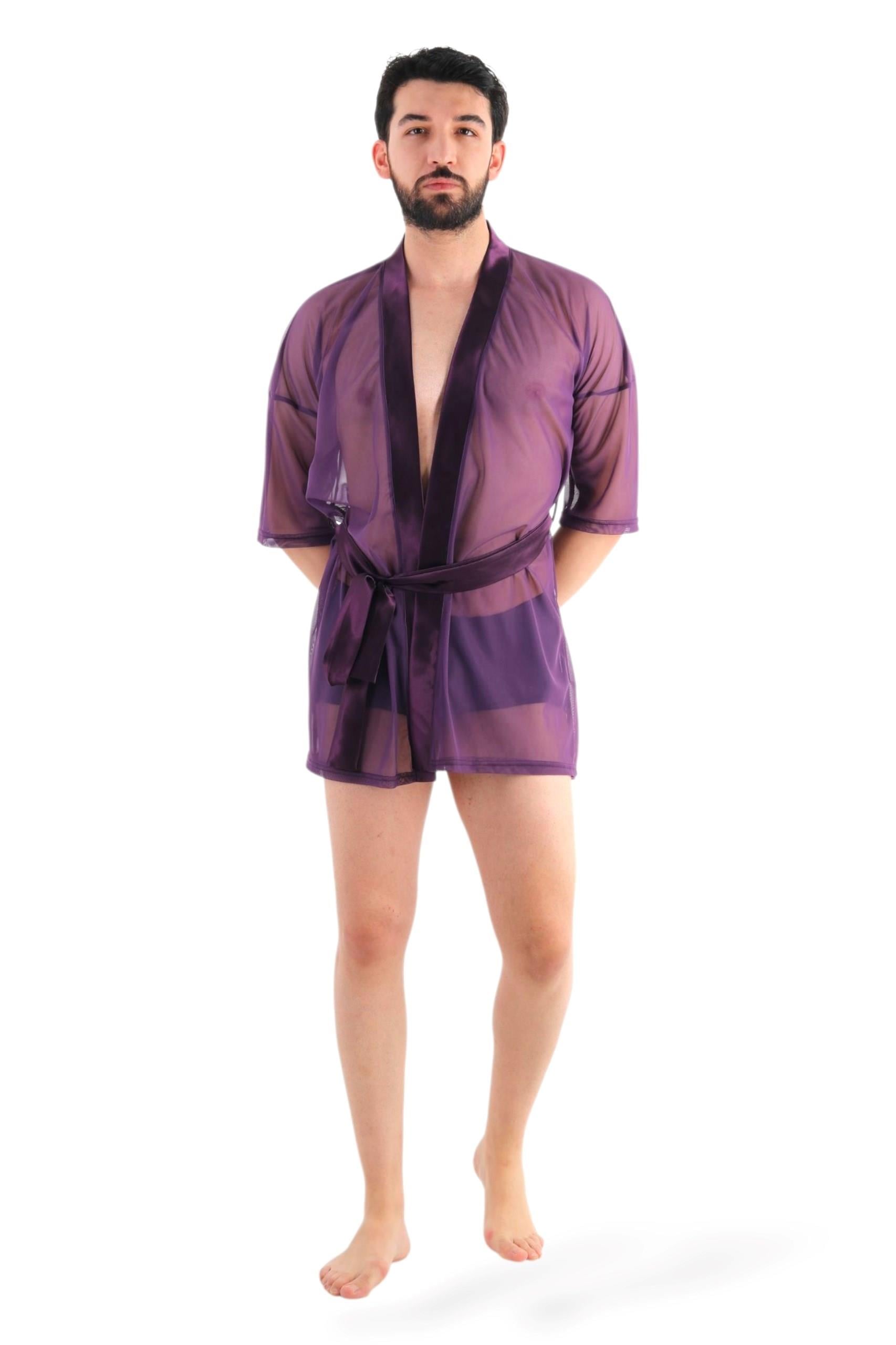 JEU JEU SHINE – Mor Tül & Saten Transparan Fantezi Erkek Kimono Takımı