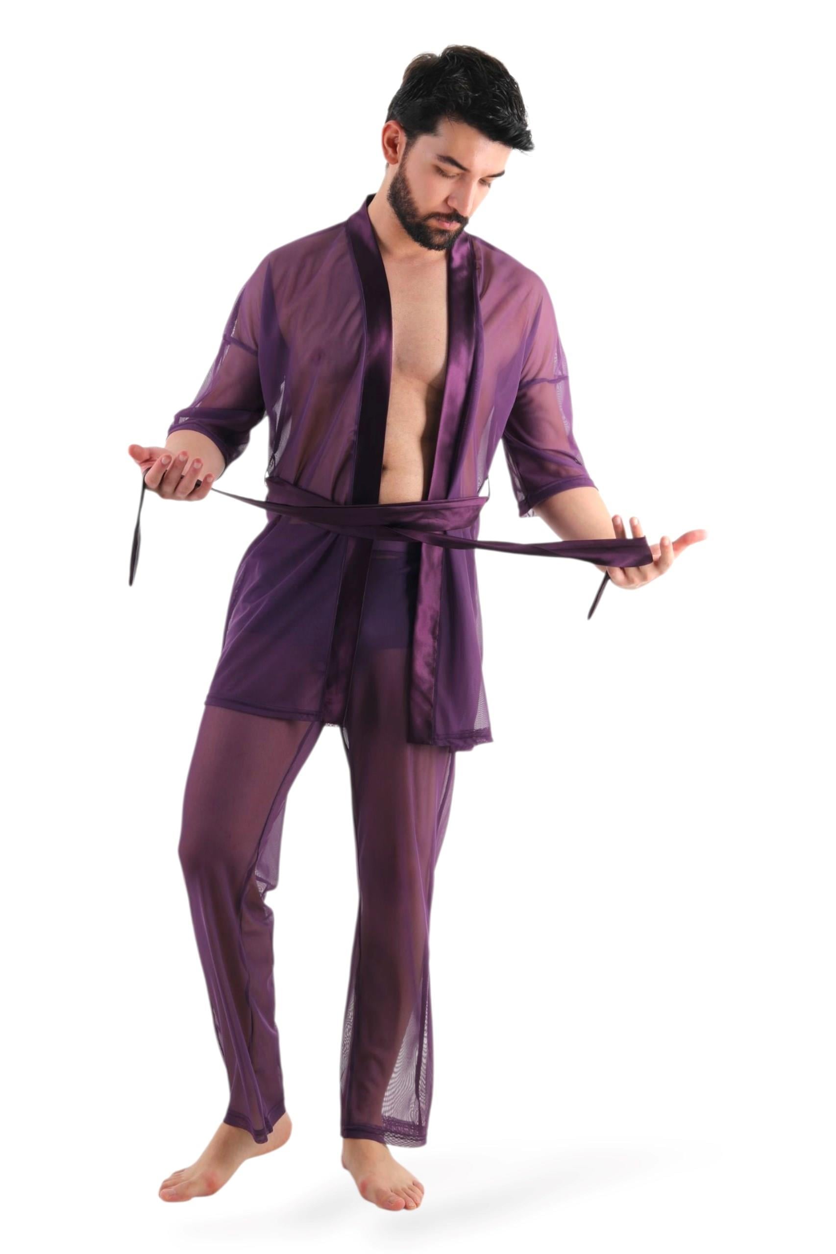 JEU JEU SHINE – Mor Tül & Saten Transparan Fantezi Erkek Kimono Takımı