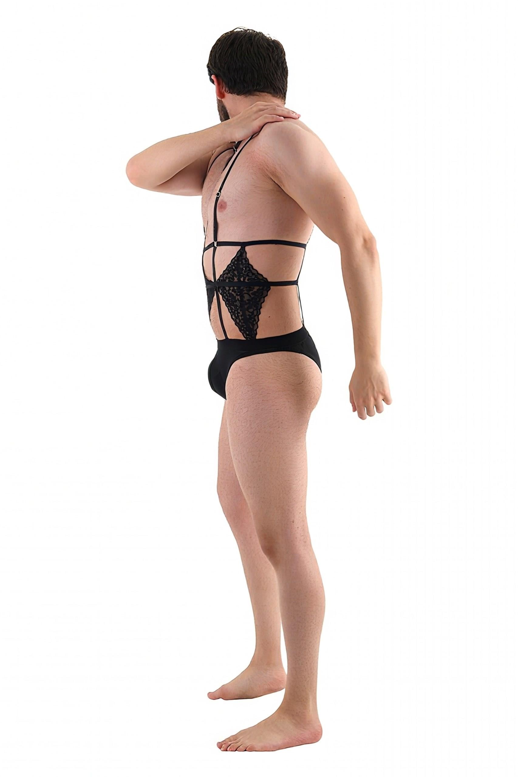 JEU JUEU TOUCH – Ayarlanabilir Siyah Dantel & Tül Transparan Erkek Bodysuit