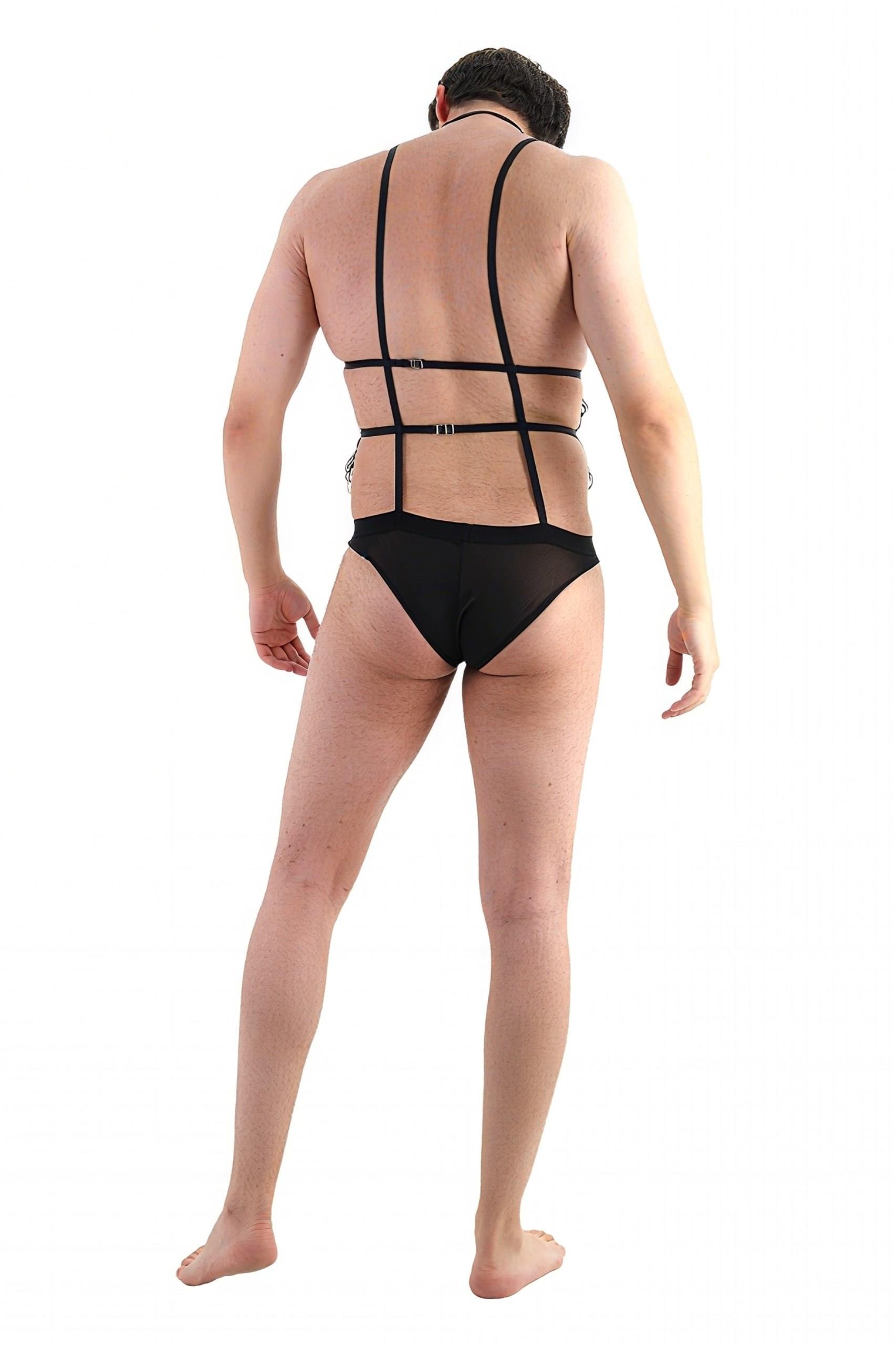 JEU JUEU TOUCH – Ayarlanabilir Siyah Dantel & Tül Transparan Erkek Bodysuit