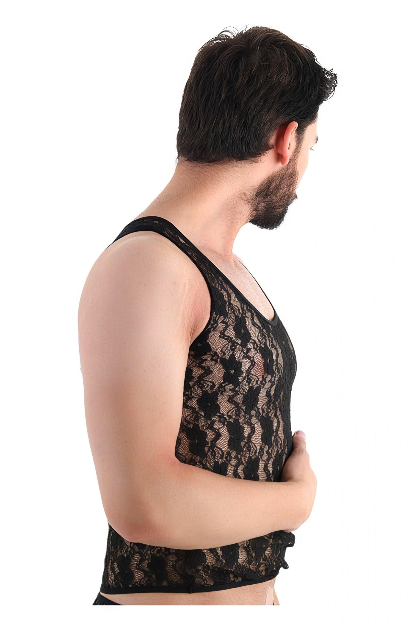 SHIVER Dantel Transparan Fantezi Erkek Takımı (Slip & Atlet)