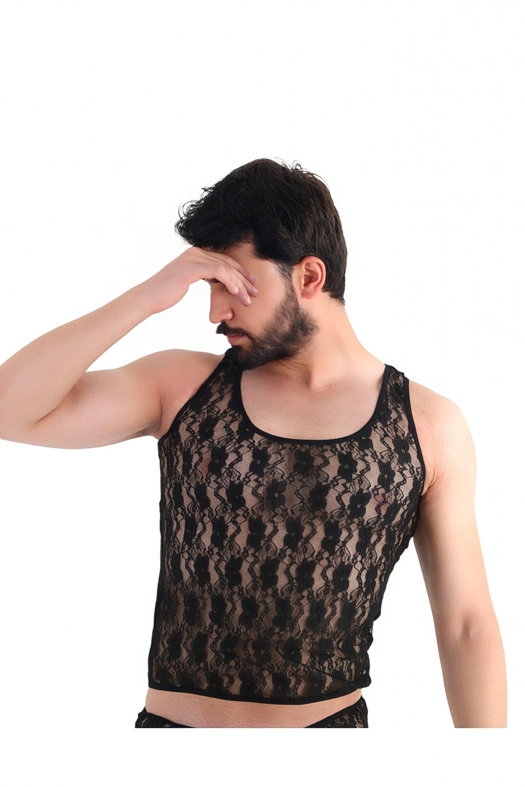 SHIVER Dantel Transparan Fantezi Erkek Takımı (Slip & Atlet)