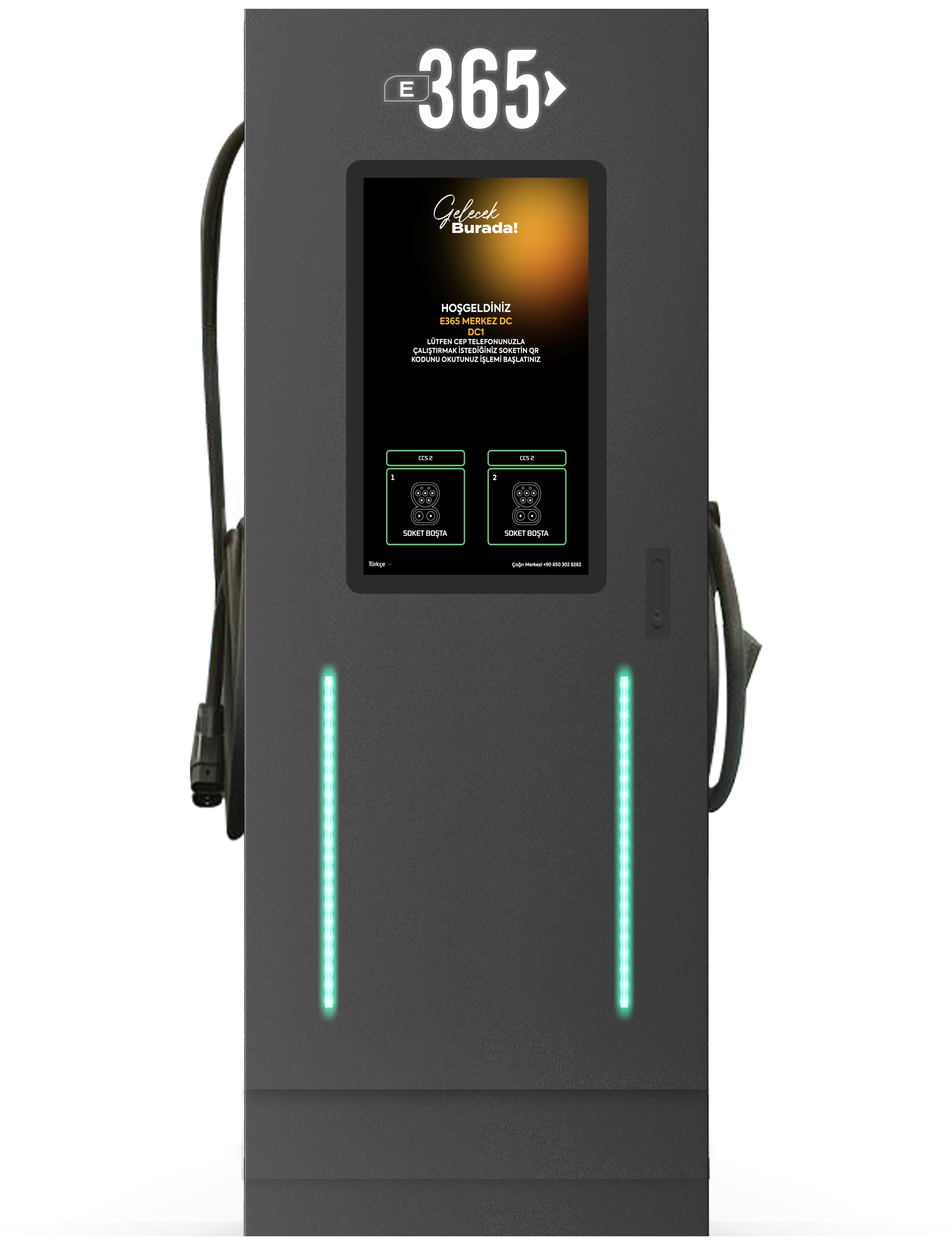 E 365 DC Dikili Tip 32 İnç Ekranlı Acrel Sayaçlı Çift Kablolu RFID 120kW Şarj İstasyonu